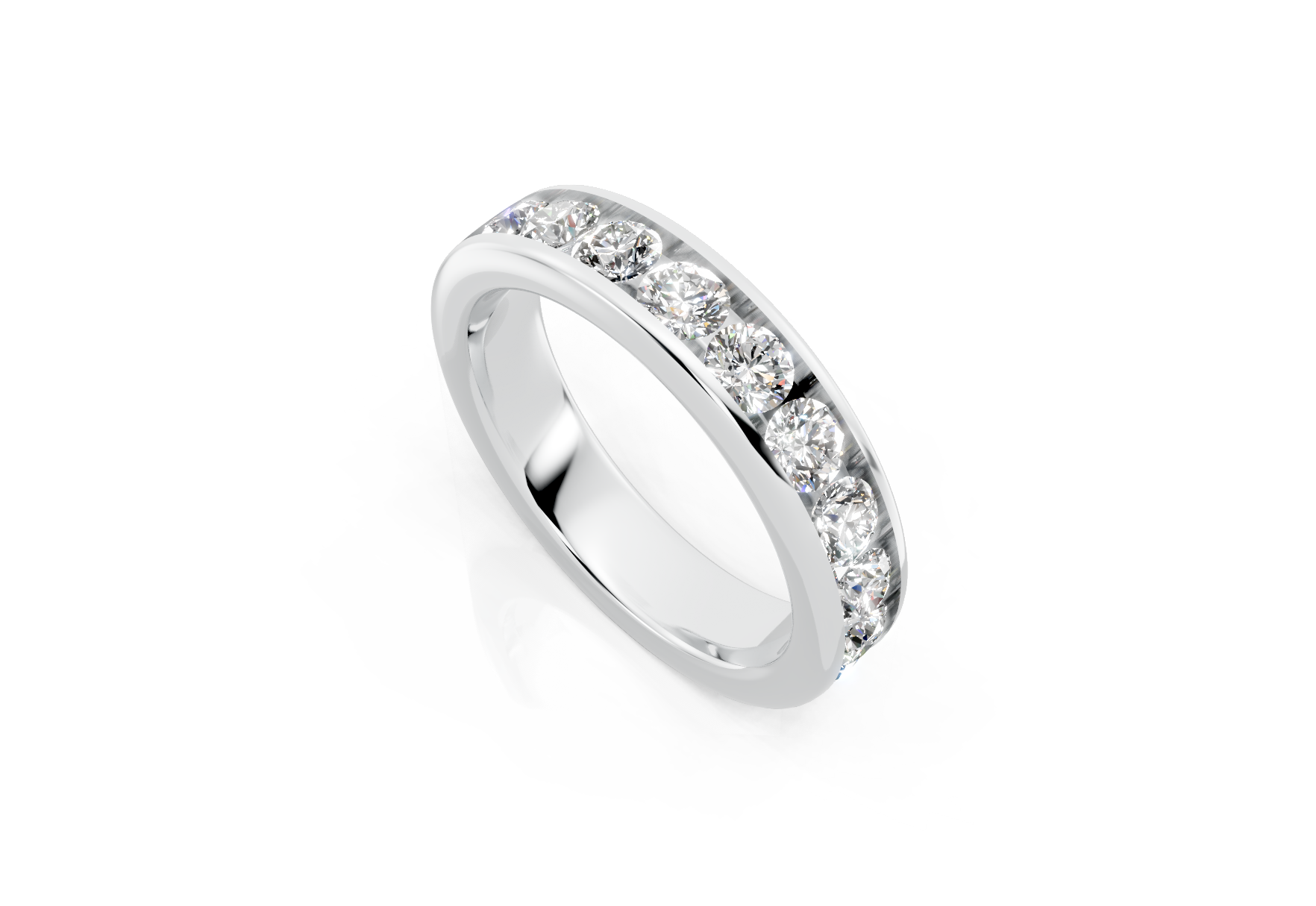 4.5mm channel set diamond wedding band 1.25ct round diamonds 50 percent set in gold platinum and palladium