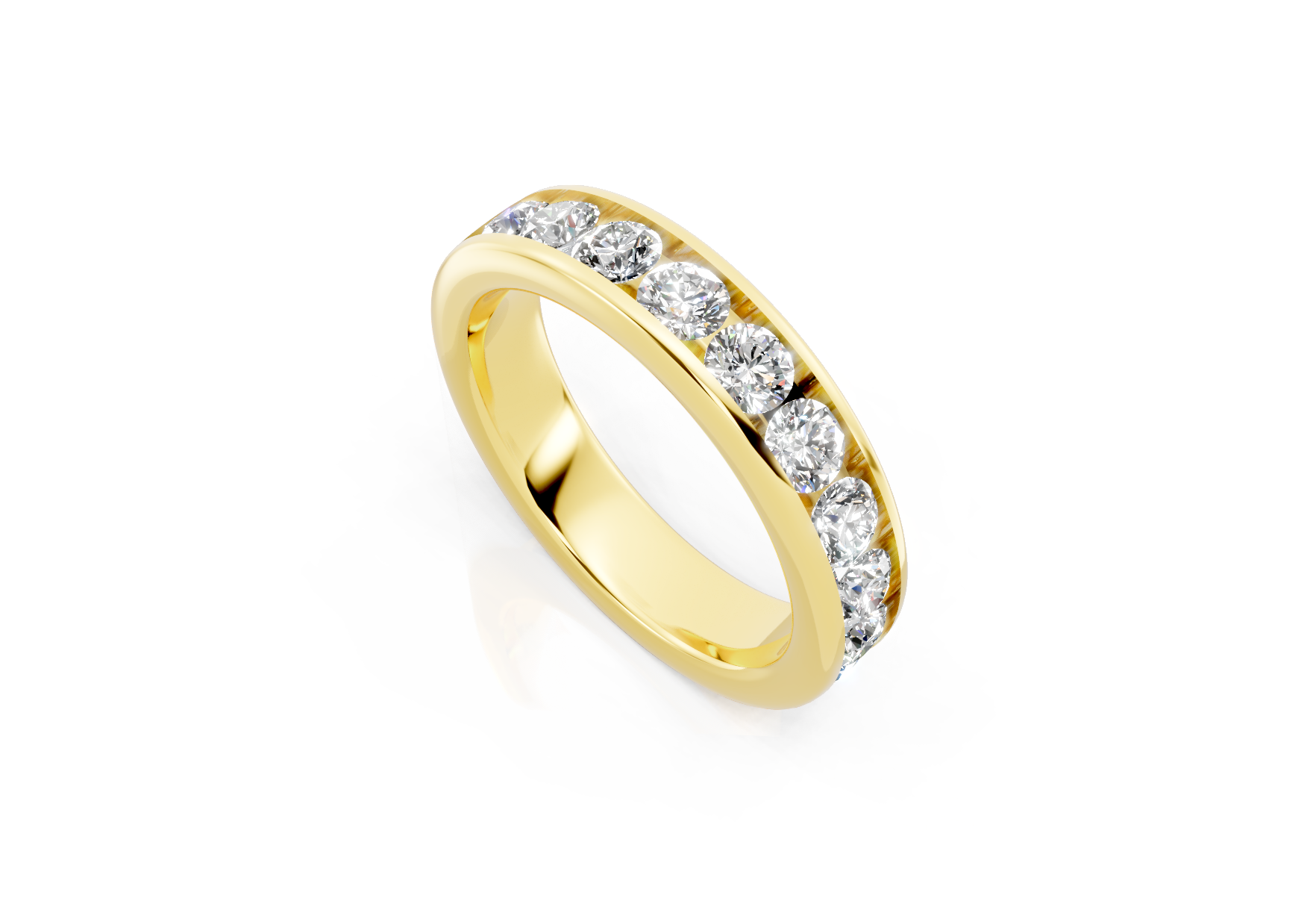 4.5mm channel set diamond wedding band 1.25ct round diamonds 50 percent set in gold platinum and palladium
