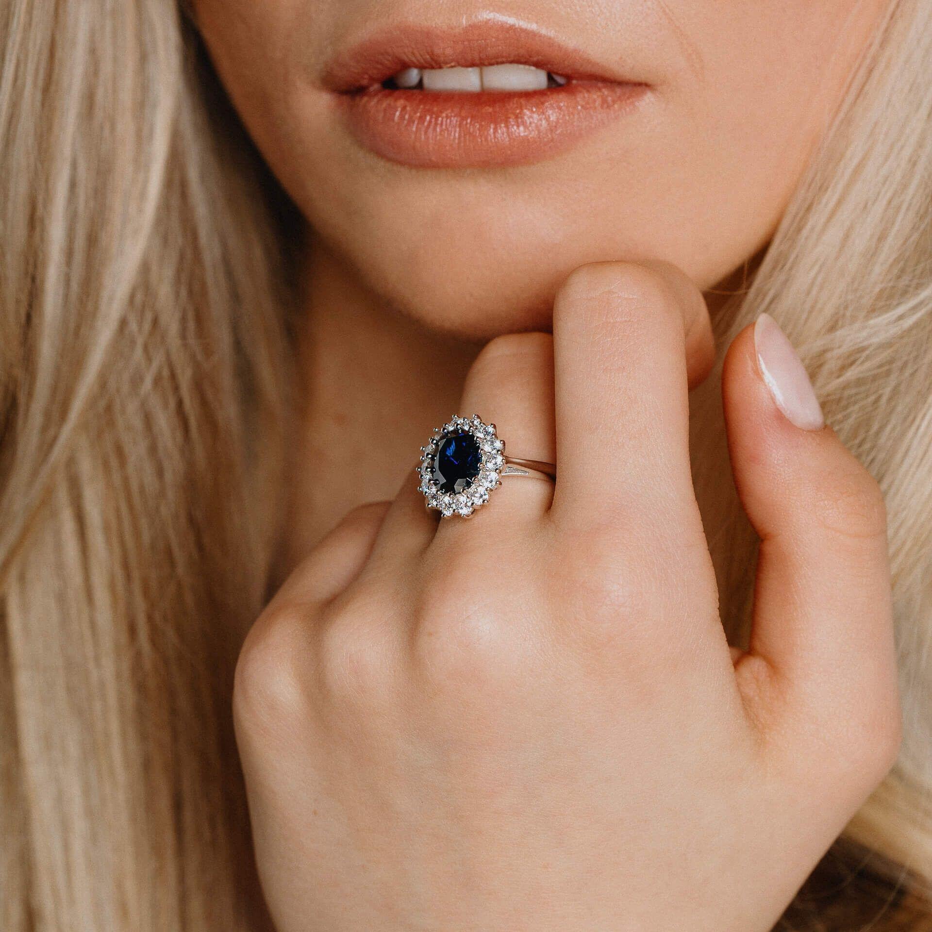 Diamonfire™ 3.49ct Sapphire Blue Oval Pave Zirconia Ring in Sterling Silver with Triple Plating, Certified Skin Safe, Featuring a Brilliant Sapphire-Coloured Centre Stone