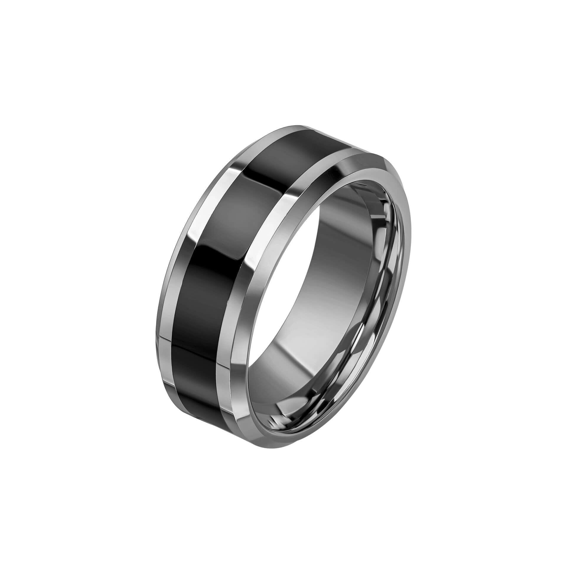 "8mm Tungsten Ring with Black Enamel Inlay featuring a bold black enamel stripe, Anchor Cert Protect skin safety, presented in a branded suede wallet."