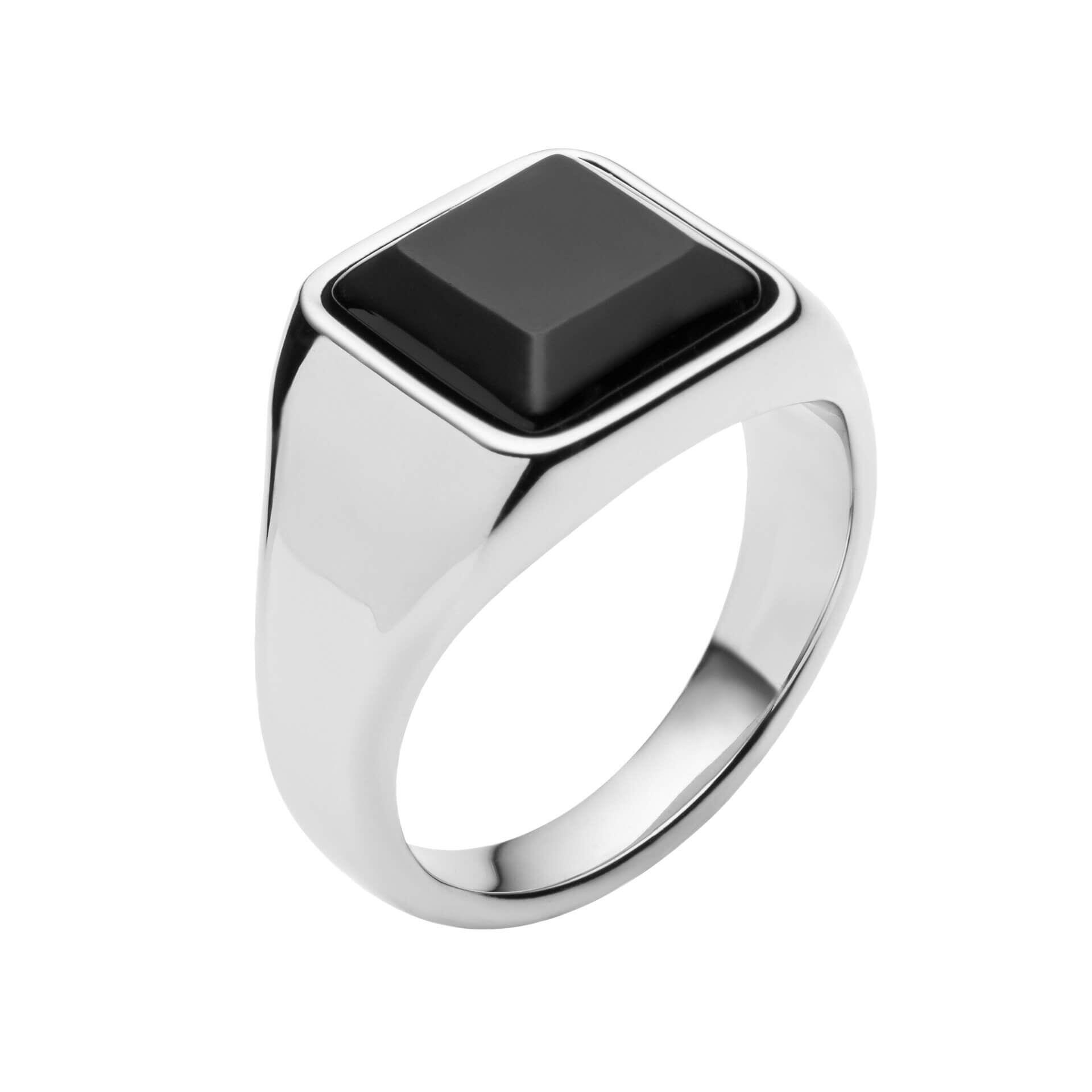 "Stainless Steel Polished Signet Ring with Black Onyx by fredbennett®, AnchorCert Pro certified skin safe, presented in a branded luxury suede pouch."
