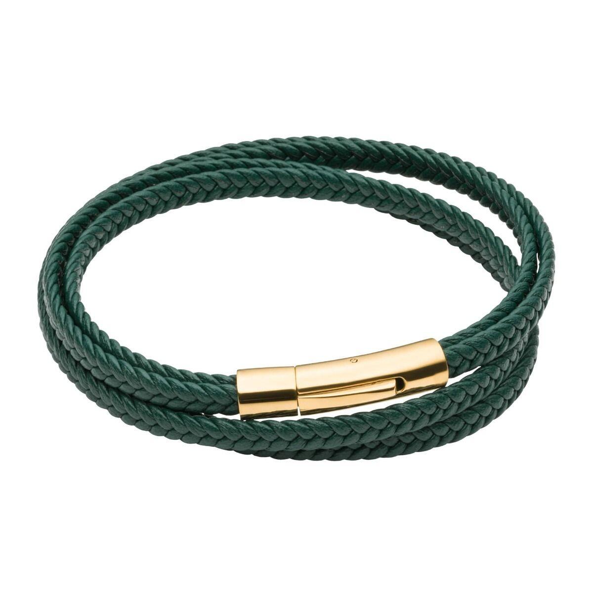 "fredbennett® Multi-Row Plaited Green Recycled Leather Bracelet – A stylish and sustainable men’s bracelet crafted from plaited green recycled leather, designed to wrap around the wrist twice, secured with a yellow gold-plated stainless steel clasp. AnchorCert® certified and presented in luxury suede packaging from Gold and Diamonds."