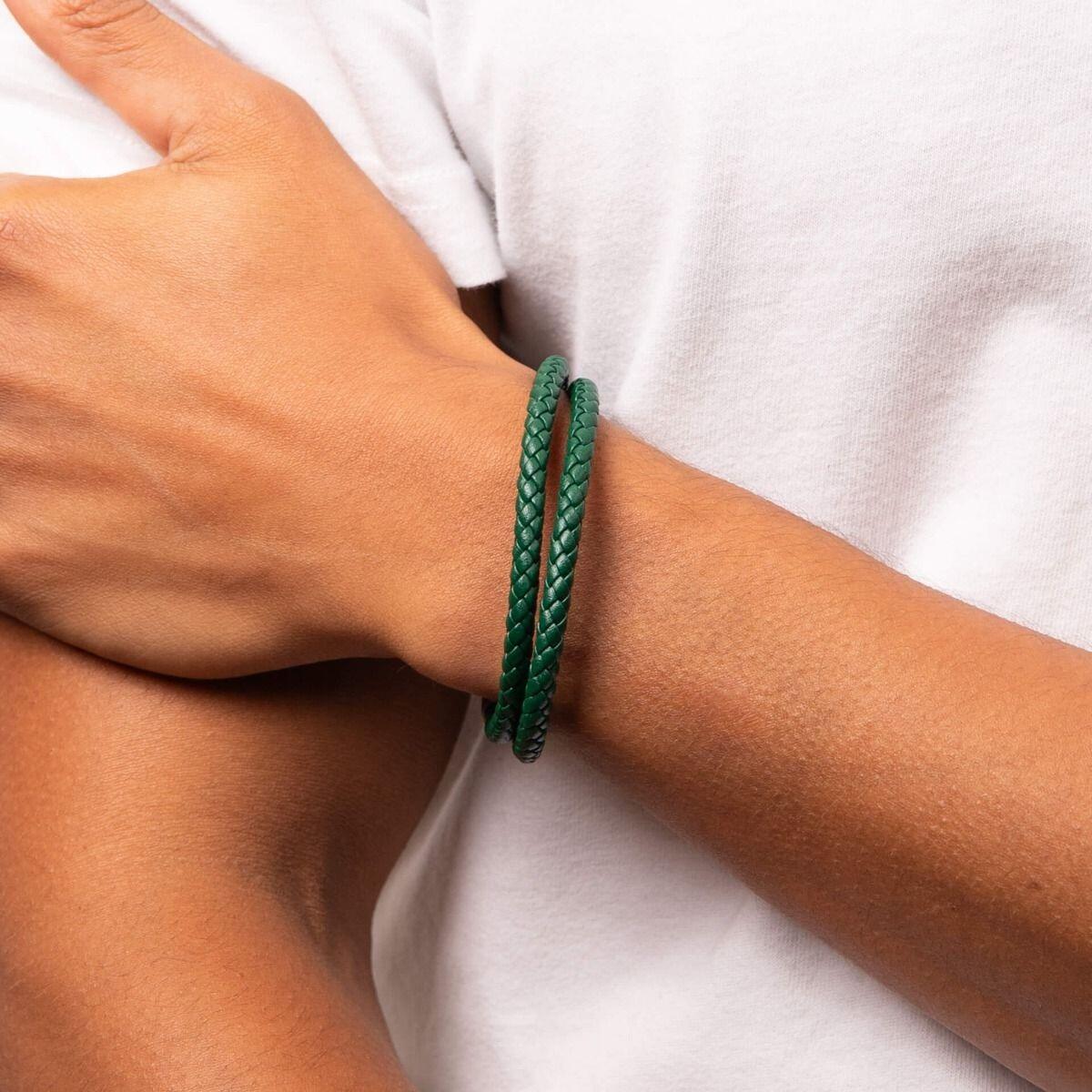 "fredbennett® Double Row Forest Green Recycled Leather Bracelet – A stylish and sustainable men’s bracelet crafted from forest green recycled leather, secured with a stainless steel magnetic clasp. Perfect for everyday wear. AnchorCert® certified and presented in luxury suede packaging from Gold and Diamonds."