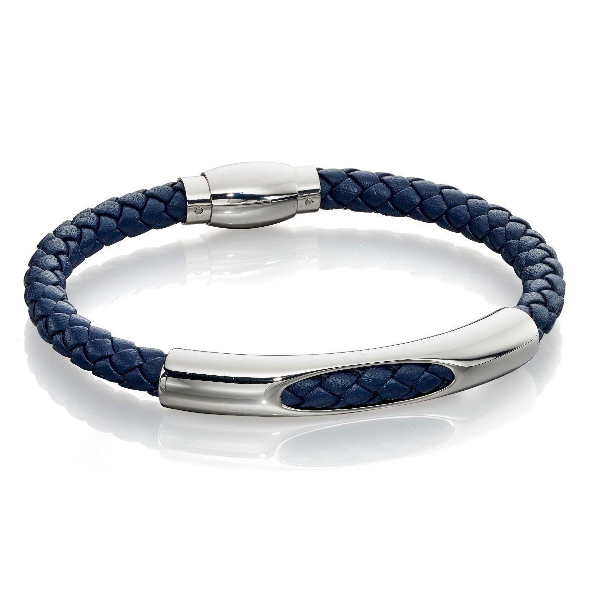"fredbennett® Navy Blue Woven Leather & Stainless Steel Bracelet – A stylish men’s bracelet crafted from genuine navy blue woven leather, featuring a statement stainless steel front and a secure magnetic clasp. Perfect for everyday wear. AnchorCert® certified and presented in luxury suede packaging from Gold and Diamonds."