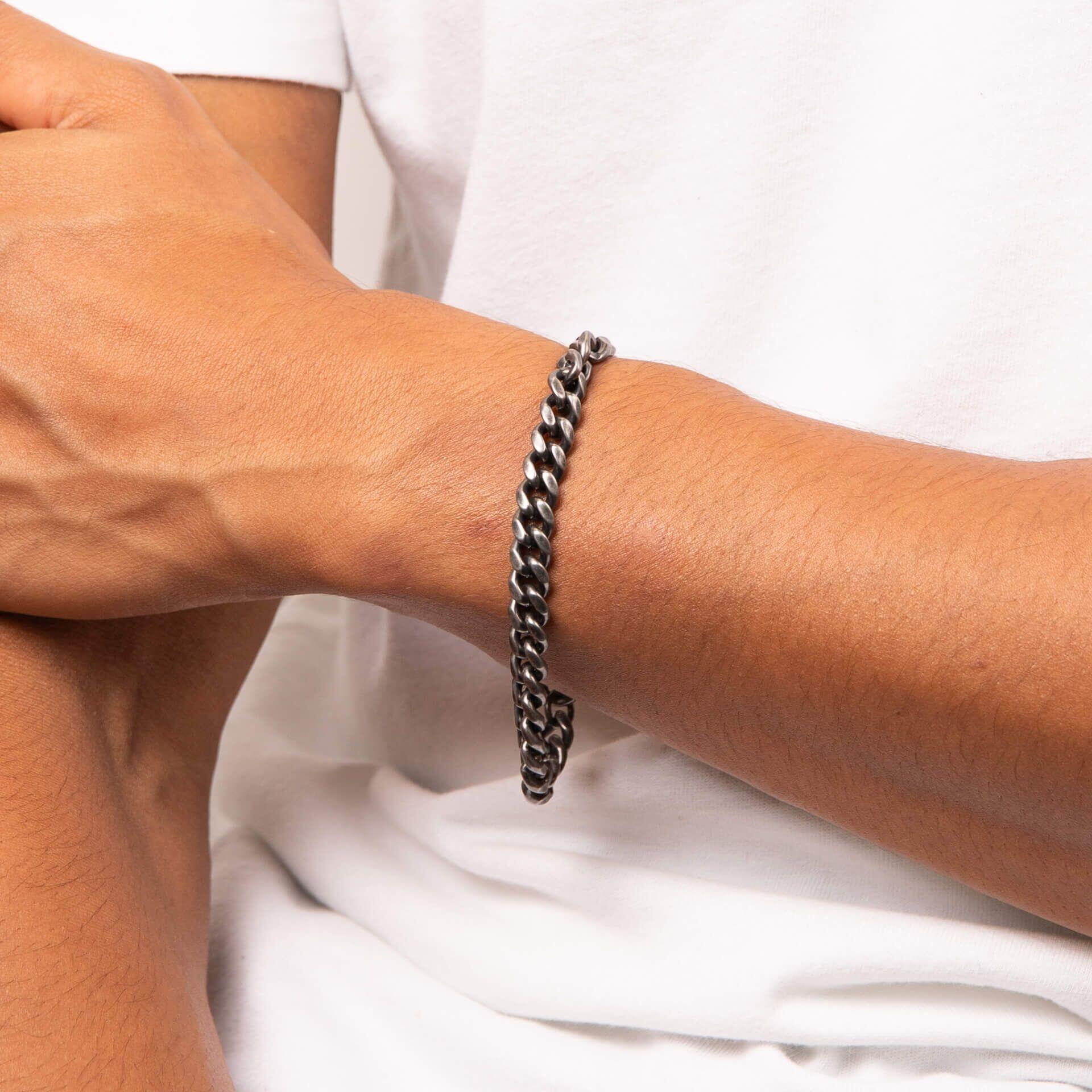 "fredbennett® Antique Plated Stainless Steel Curb Bracelet – A rugged and sophisticated men’s bracelet featuring an antique-plated finish over durable stainless steel with a classic curb link design. AnchorCert® certified and presented in luxury suede packaging from Gold and Diamonds."