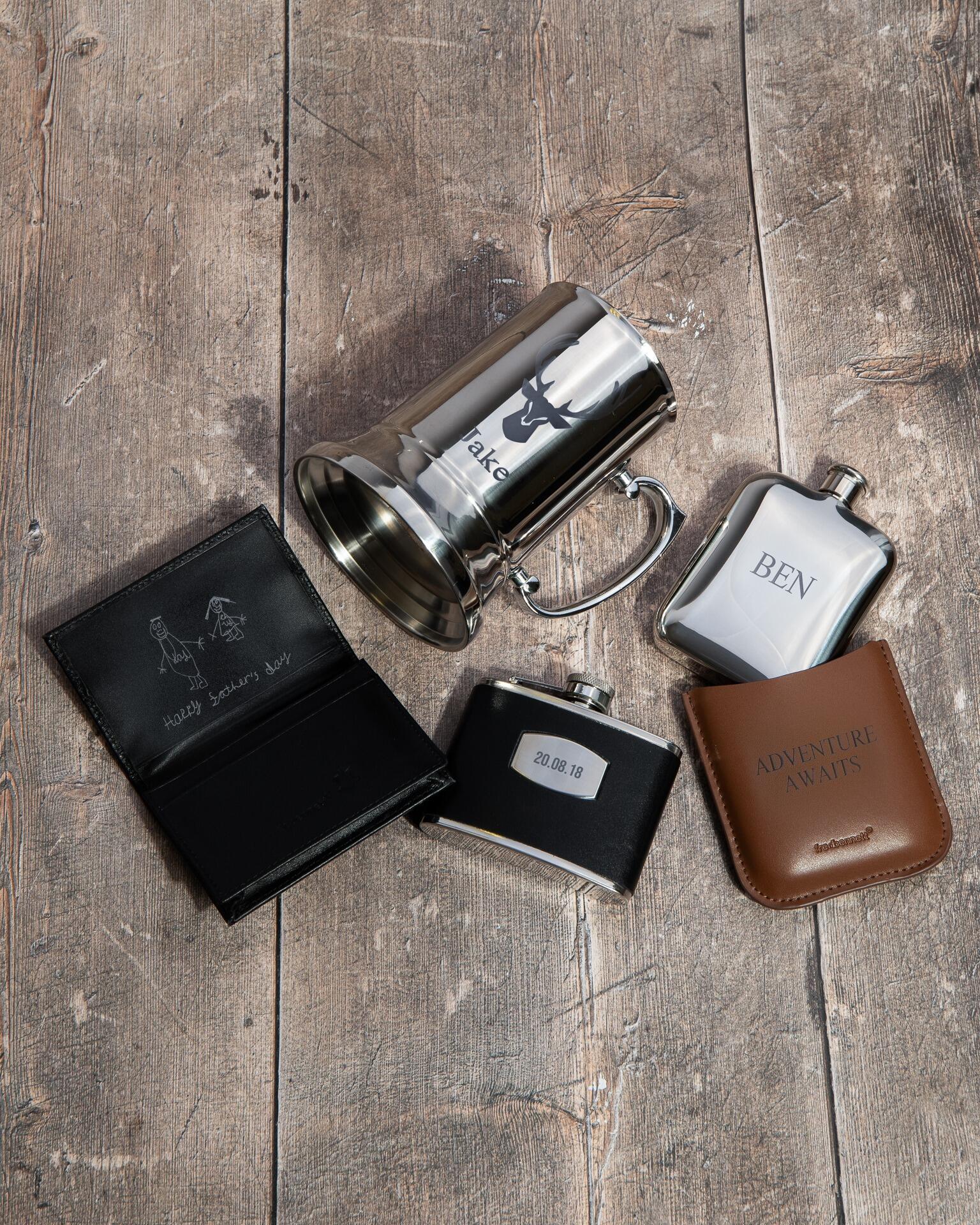 "Personalised Gifts for Him – A curated selection of hip flasks, tankards, wallets, keyrings, and accessories from the fredbennett® collection, available with free engraving and delivery at Gold and Diamonds."