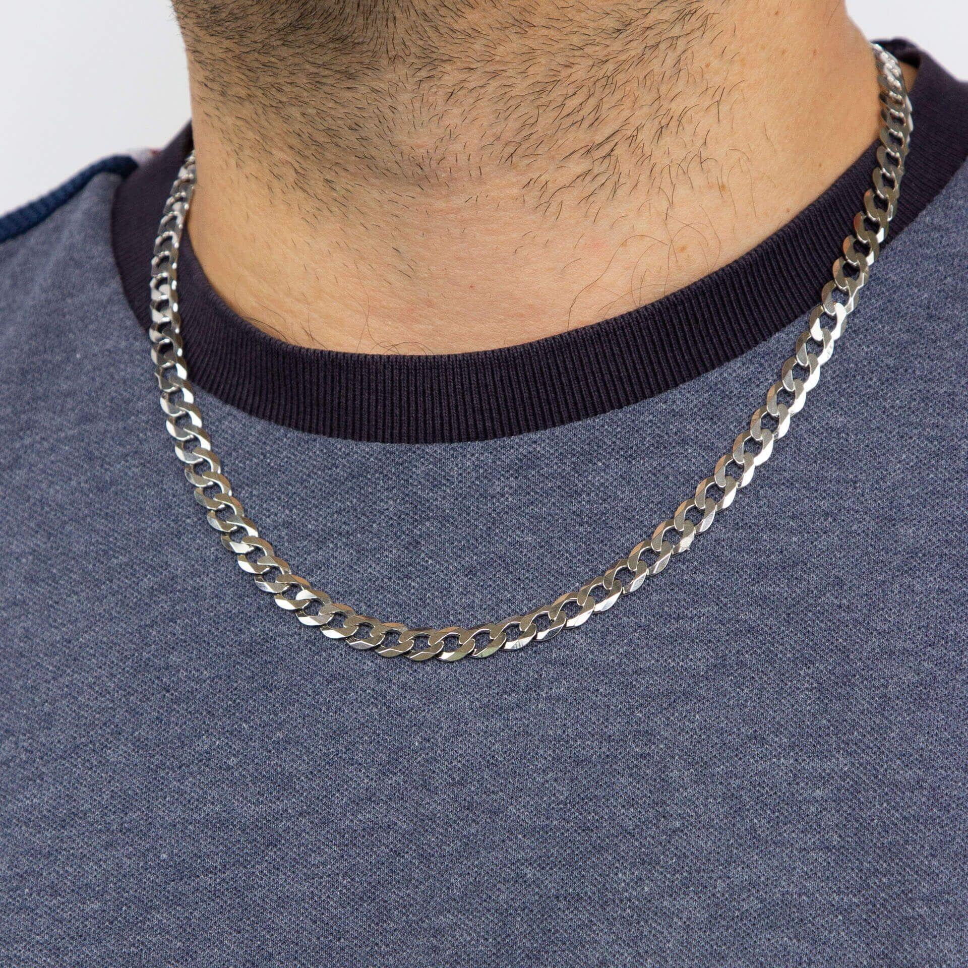 "fredbennett® Heavyweight Sterling Silver Diamond Cut Curb Chain Necklace – 56cm platinum plated statement men’s chain, skin-safe and presented in a suede pouch from Gold and Diamonds."