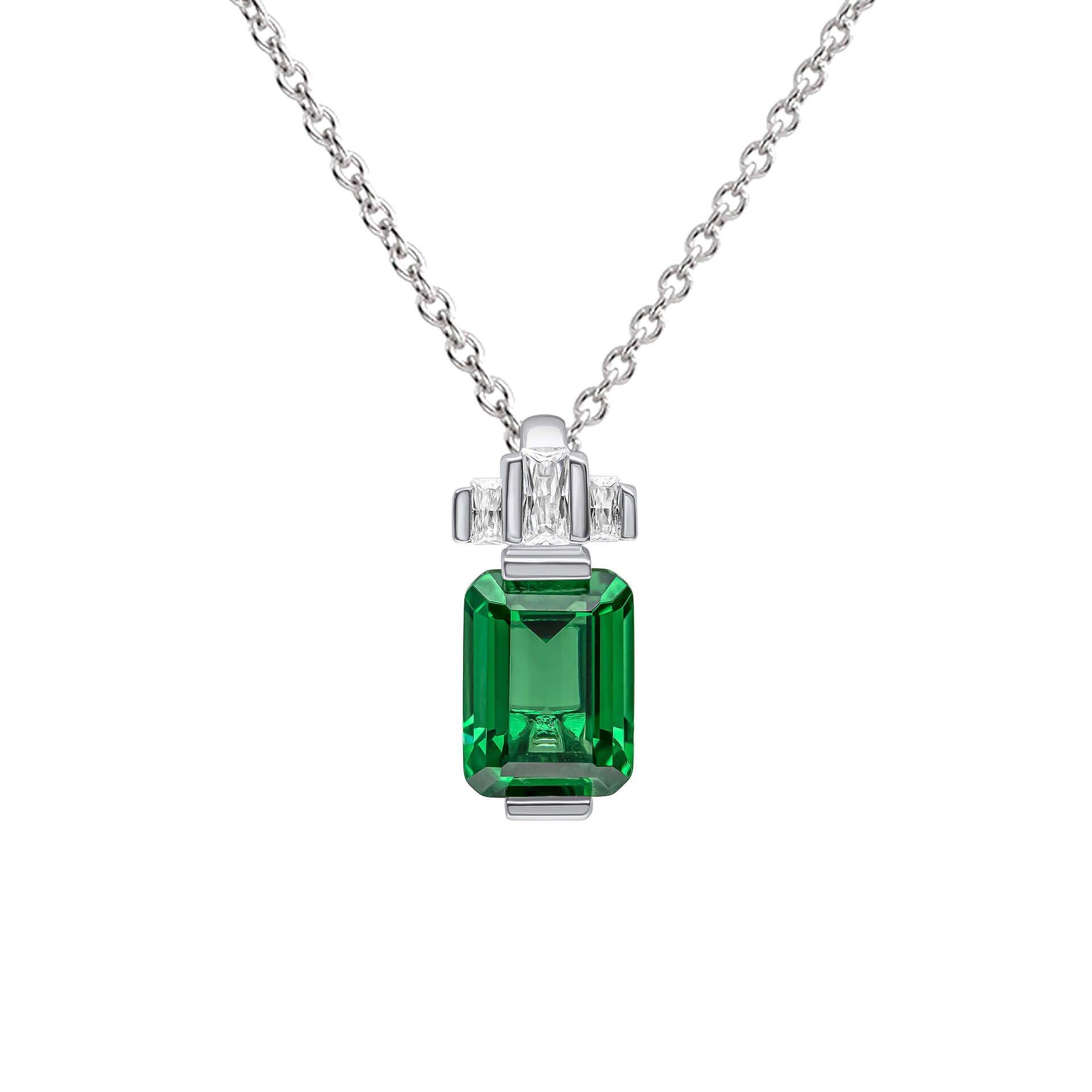 "Diamonfire® Emerald Cut Zirconia Pendant – coloured centre stone with clear halo in triple plated sterling silver. Presented in luxury silk packaging from Gold and Diamonds."