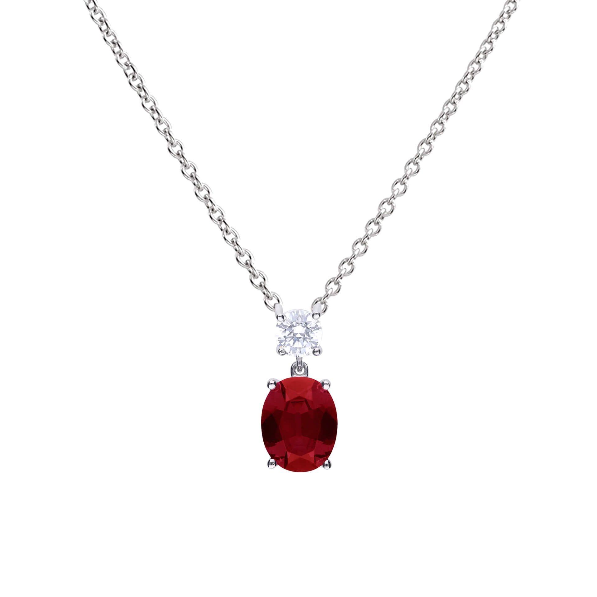 "Diamonfire® Ruby-Coloured Oval Drop Pendant with clear accent zirconia, crafted in triple plated sterling silver, AnchorCert Pro certified skin safe, presented in luxury silk packaging."
