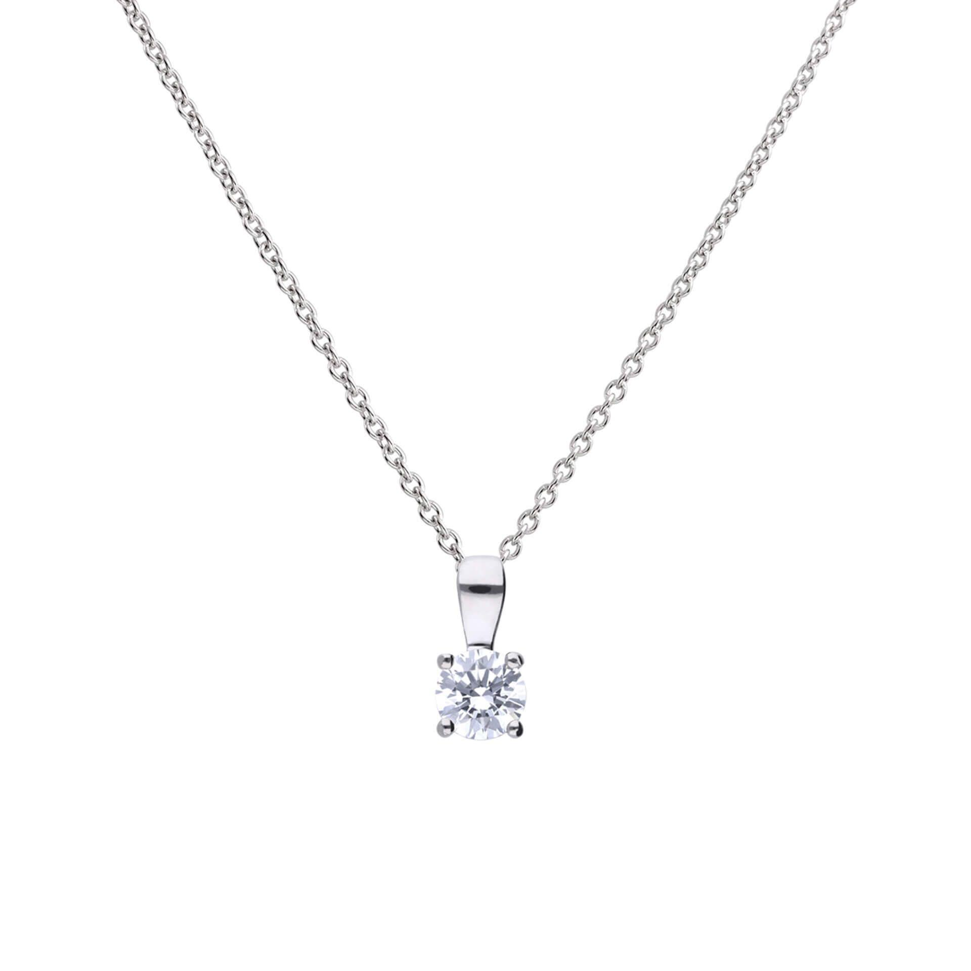 "Diamonfire® Four Claw Solitaire Pendant with 57-facet zirconia stone, available in 0.50ct to 2.00ct, crafted in triple plated sterling silver, AnchorCert Pro certified skin safe, presented in luxury silk packaging—ideal for brides and special occasions."