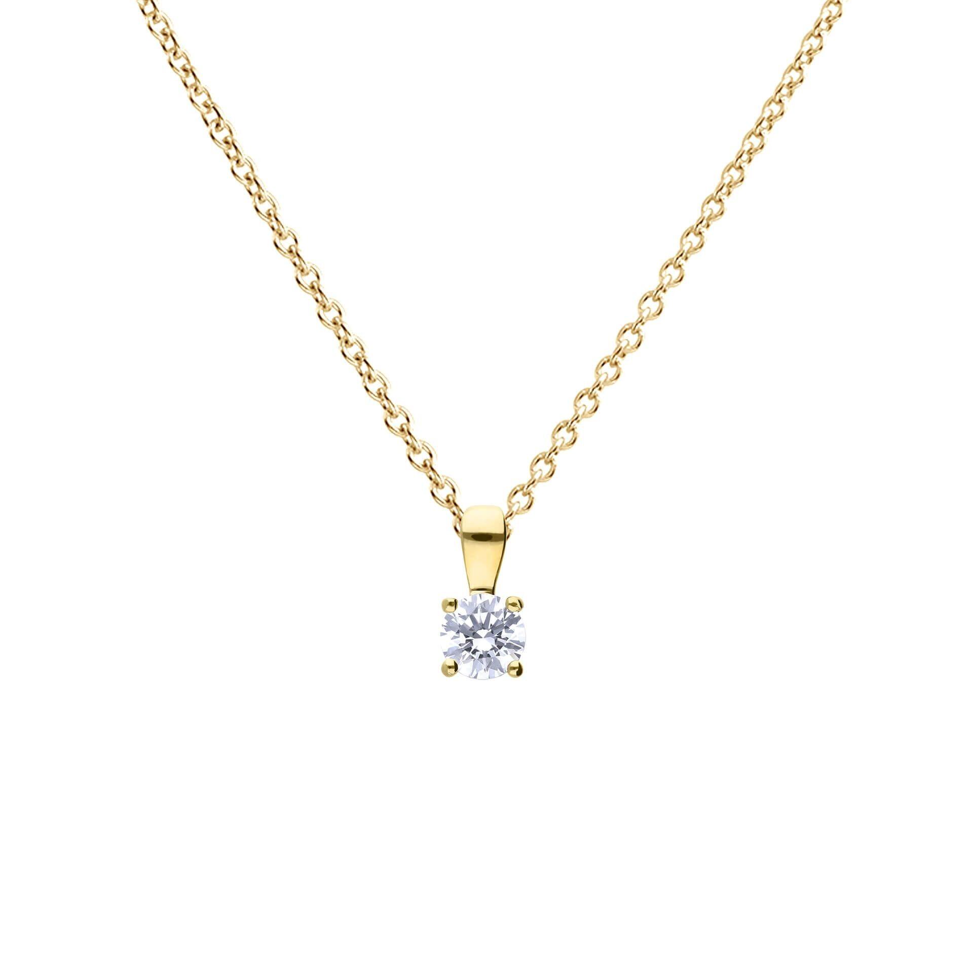 "Diamonfire® Four Claw Solitaire Pendant in 24ct yellow gold plated sterling silver with 57-facet zirconia, AnchorCert Pro certified skin safe, available in multiple carat sizes, presented in luxury silk packaging—perfect for brides and elegant events."