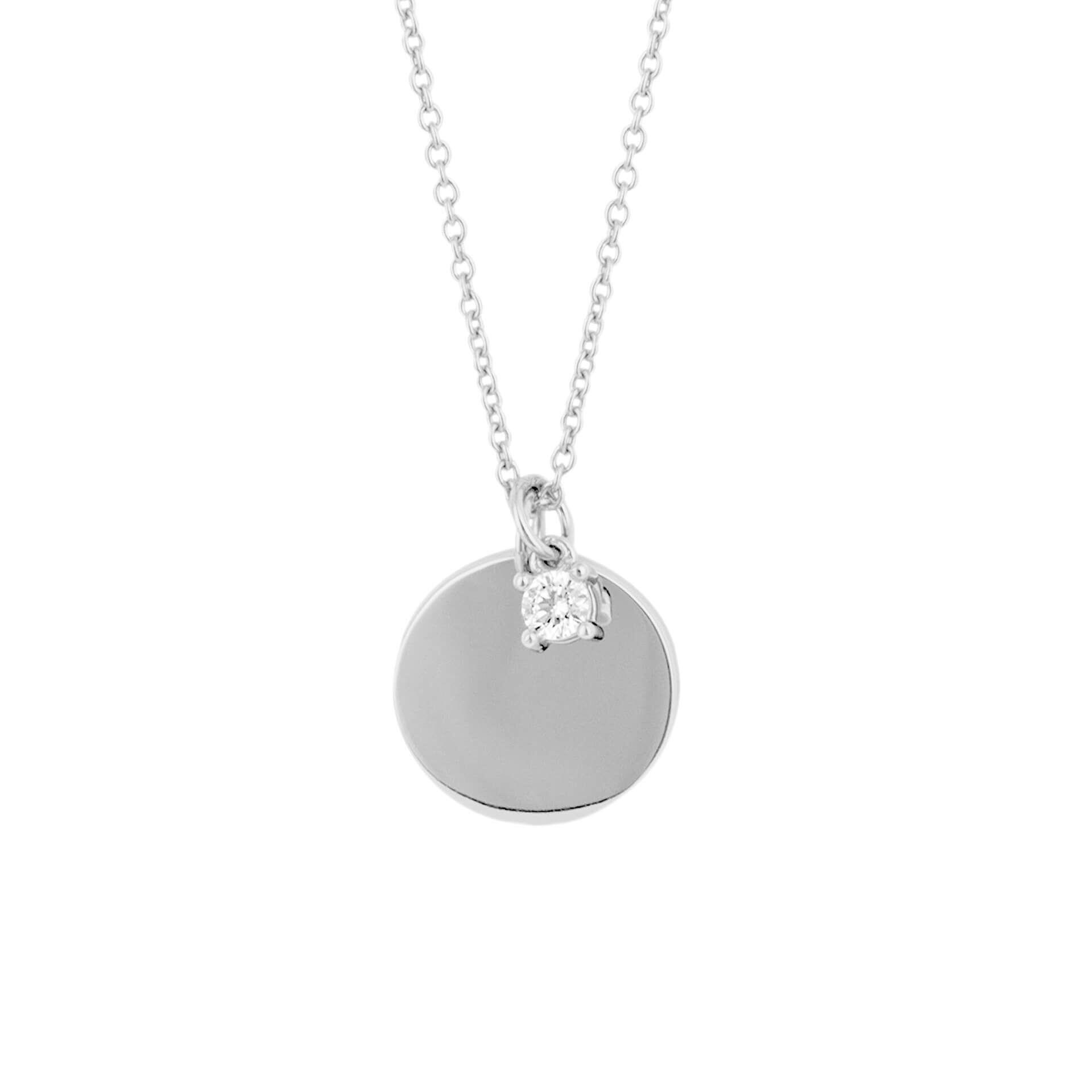 "Diamonfire® Engravable Tag Necklace with 57-facet zirconia charm, crafted in triple plated sterling silver, free engraving on both sides, AnchorCert Pro certified skin safe, presented in luxury silk packaging with gift bag—perfect for gifts, weddings, or meaningful keepsakes."