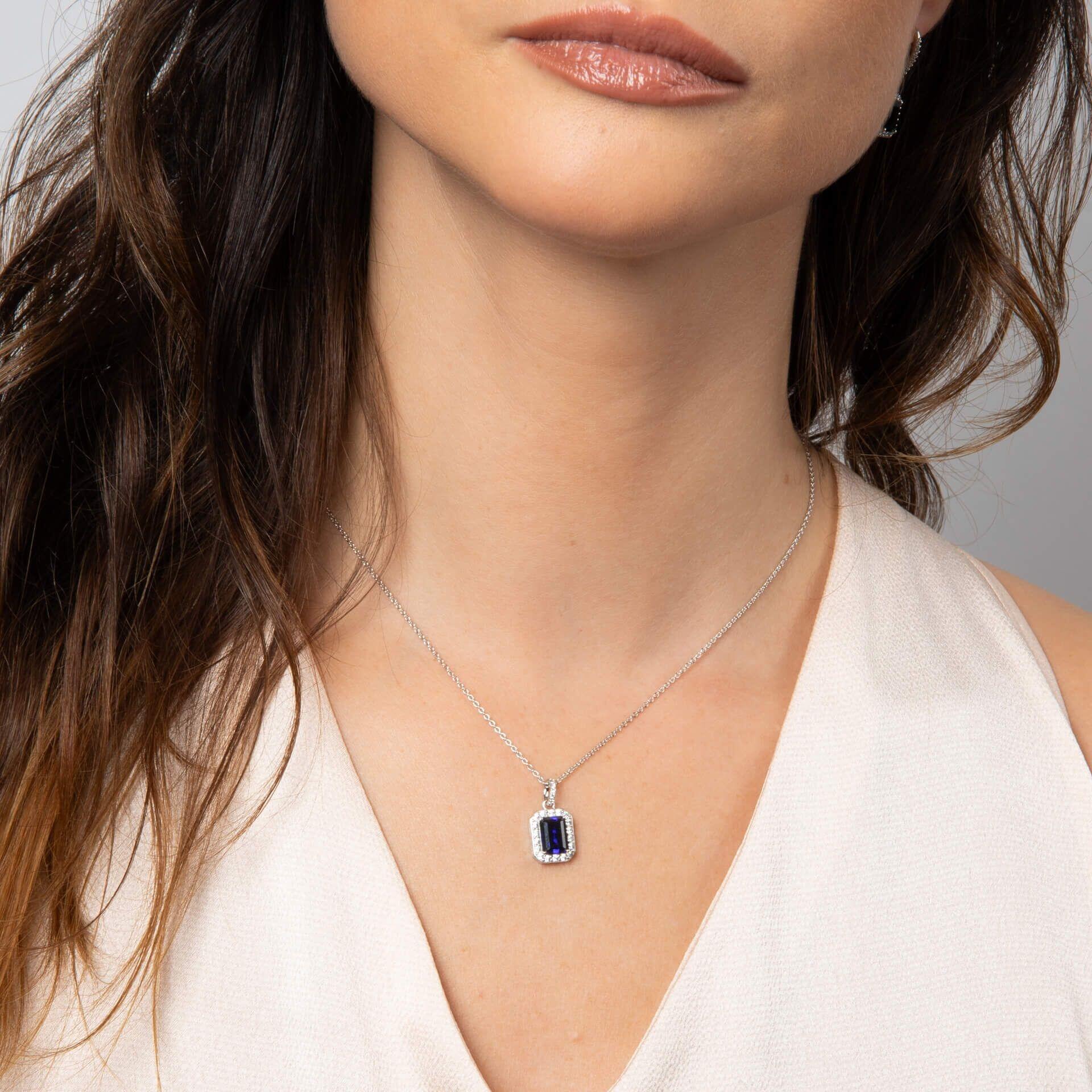 Diamonfire® Sapphire Blue Emerald-Cut Halo Zirconia Pendant in Triple Plated Sterling Silver, Adjustable 42–48cm – Luxury Jewellery by Gold and Diamonds
