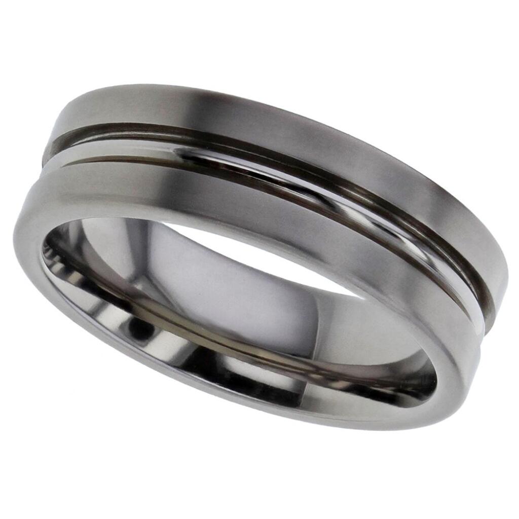 Satin flat profile Geti titanium wedding band with central polished half round rail by Gold and Diamonds
