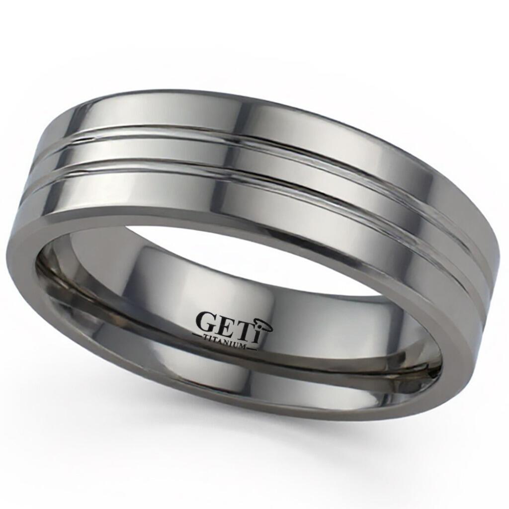 Flat court Geti titanium wedding band with polished finish and twin grooves by Gold and Diamonds