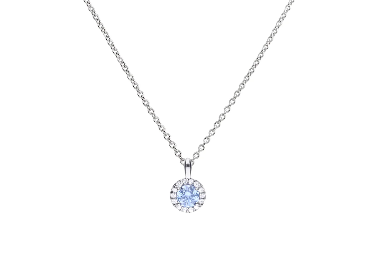 Diamonfire® Aquamarine Blue Round Pavé Halo Zirconia Pendant in Triple Plated Sterling Silver with 42–48cm Chain – Elegant Jewellery by Gold and Diamonds