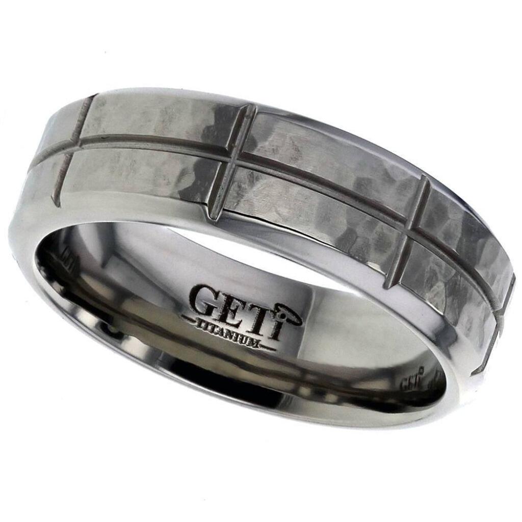 Chamfered edge Geti titanium wedding band with hammered satin centre, polished edges and sectioned groove detail by Gold and Diamonds
