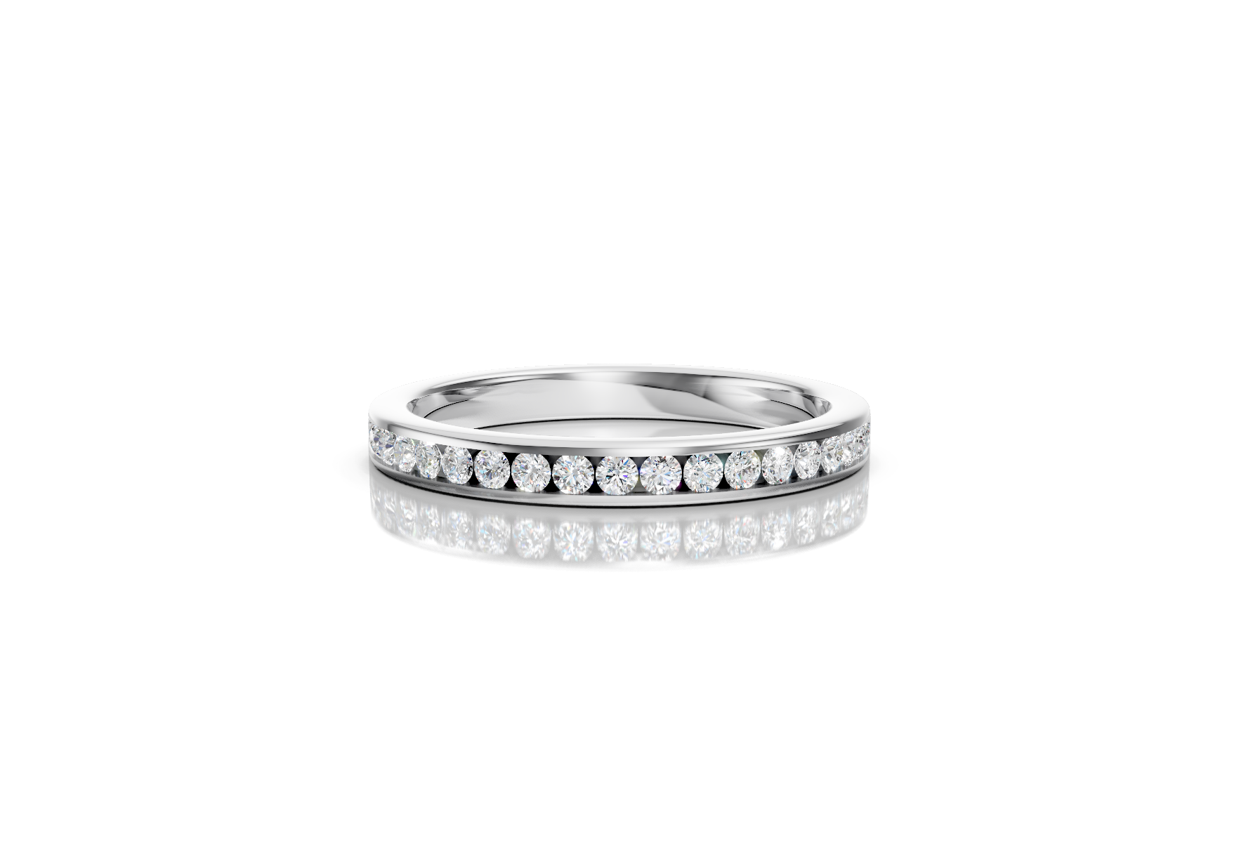 2.4mm channel set diamond wedding band 0.25ct round diamonds 50 percent set in gold platinum and palladium