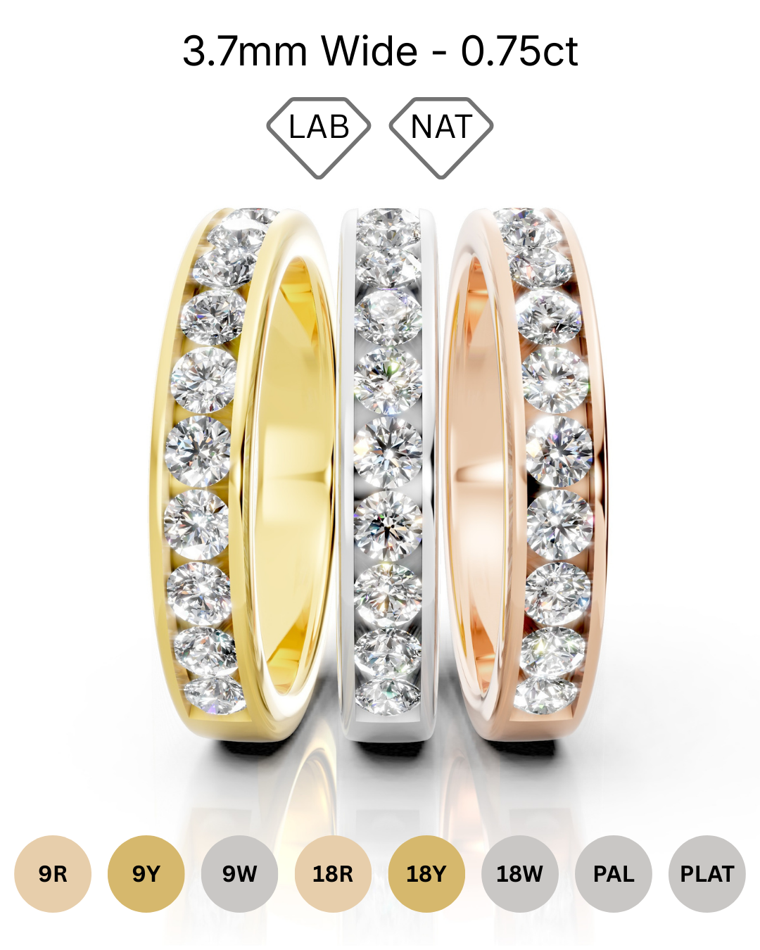 3.7mm channel set diamond wedding ring with 0.75ct round diamonds, 50% set for added sparkle. Available in gold, platinum and palladium. Natural G/VS or lab D/VVS1 diamonds. Free home consultations.