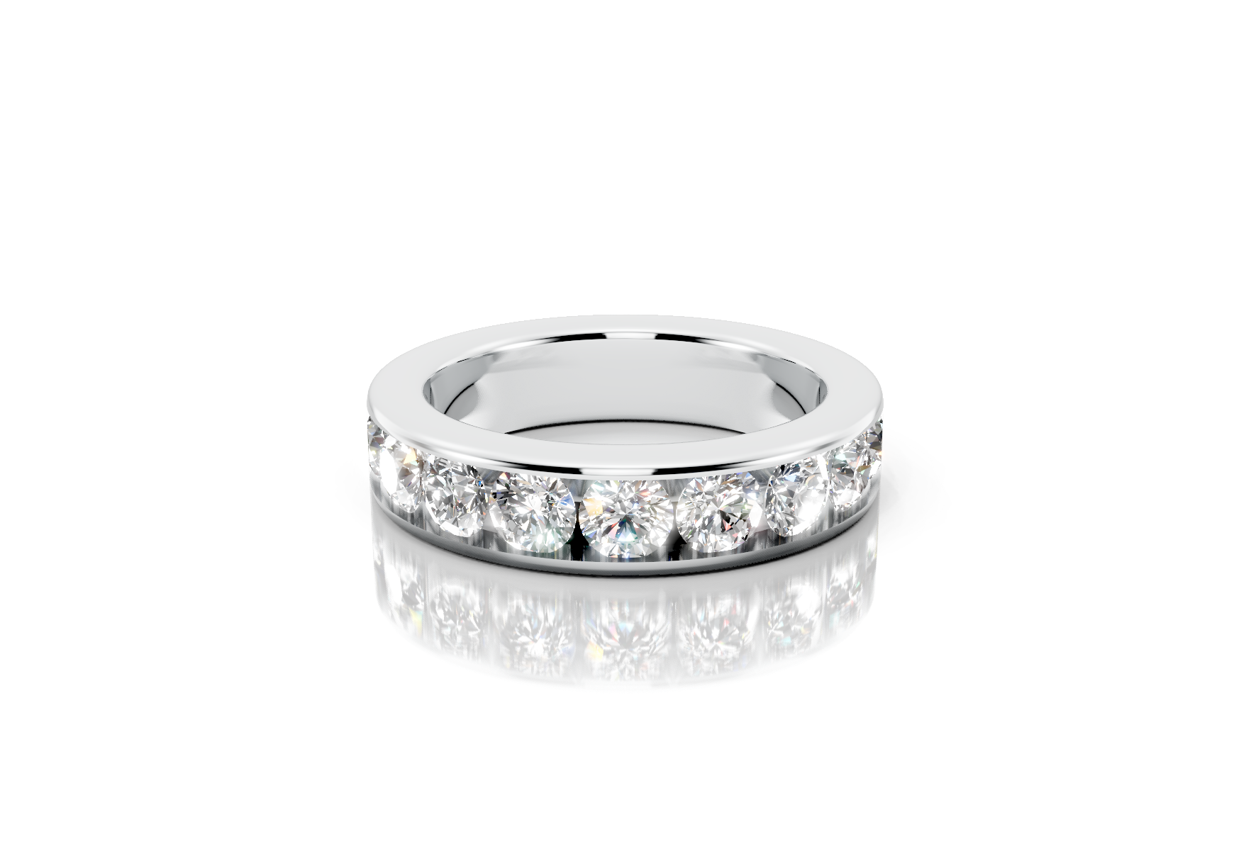 5mm channel set diamond wedding band 2ct round diamonds 50 percent set in gold platinum and palladium
