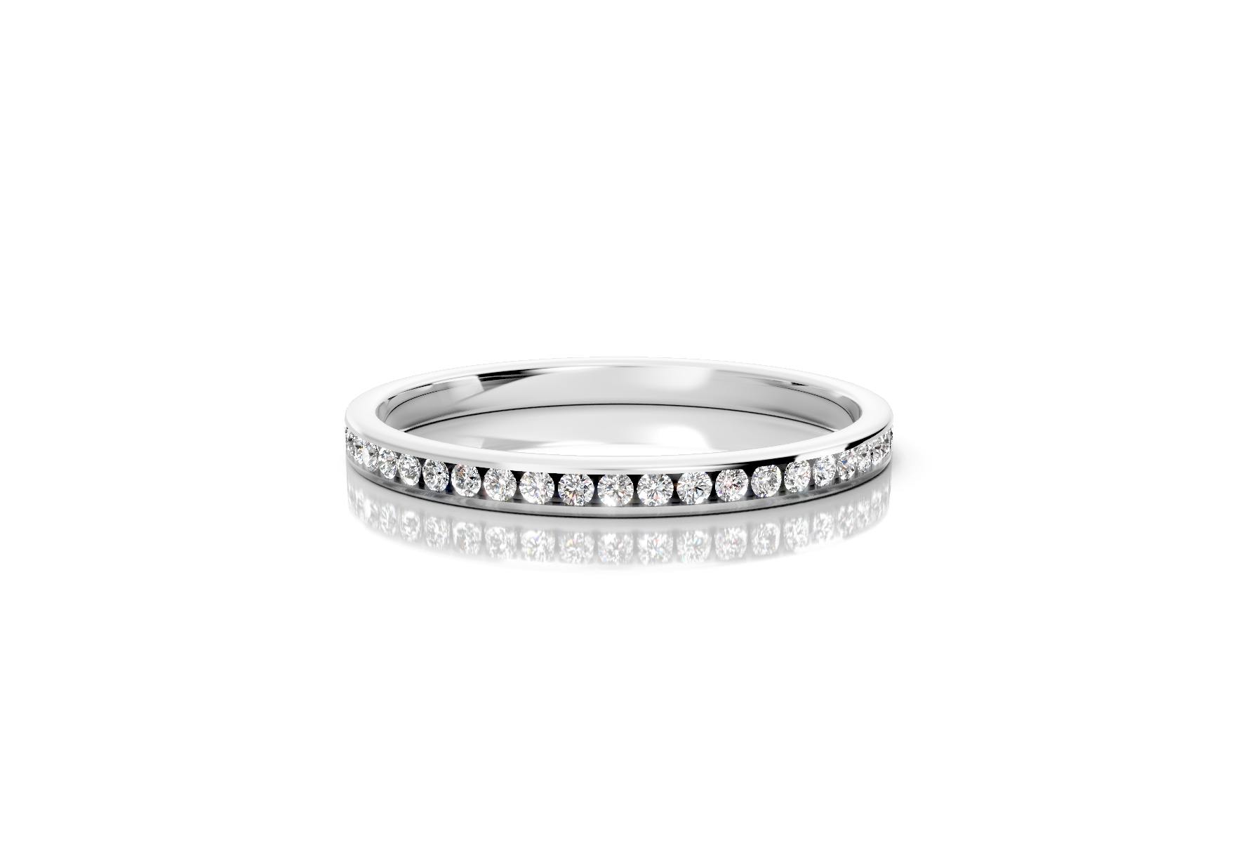 2mm full channel set diamond wedding ring with 0.30ct round diamonds for maximum sparkle. Available in gold, platinum and palladium. Natural G/VS or lab D/VVS1 diamonds. Free home consultations.