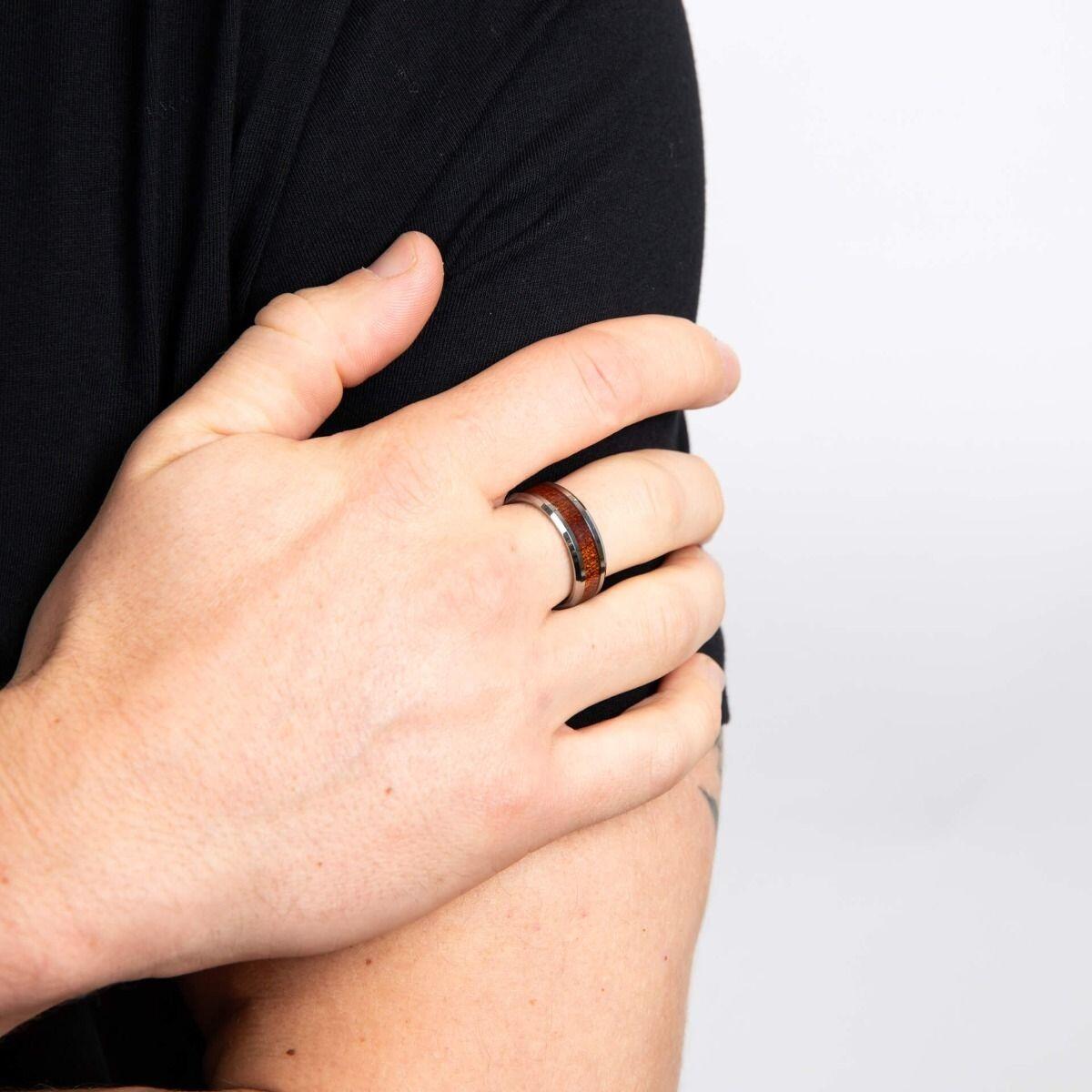 Fred Bennett™ Brown Wood Inlay Tungsten Ring - Men's Durable Wedding Band with Polished Edges and Natural Wood Detail