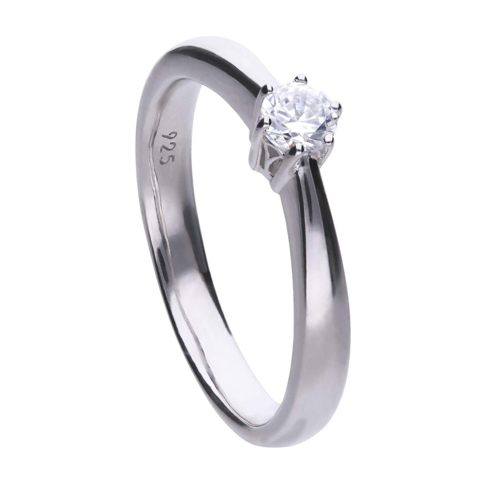 Diamonfire® 0.25ct Solitaire 6 Claw Ring in Sterling Silver with Triple Plating, featuring a dazzling 57-facet cut zirconia stone, presented in exclusive packaging.