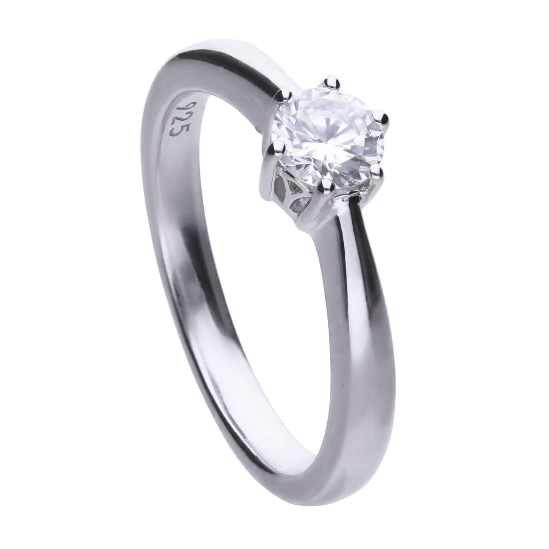 Diamonfire® 0.50ct Solitaire 6 Claw Ring in Sterling Silver with Triple Plating, featuring a dazzling 57-facet zirconia stone, presented in exclusive Diamonfire® silk packaging with a luxury gift box and bag.