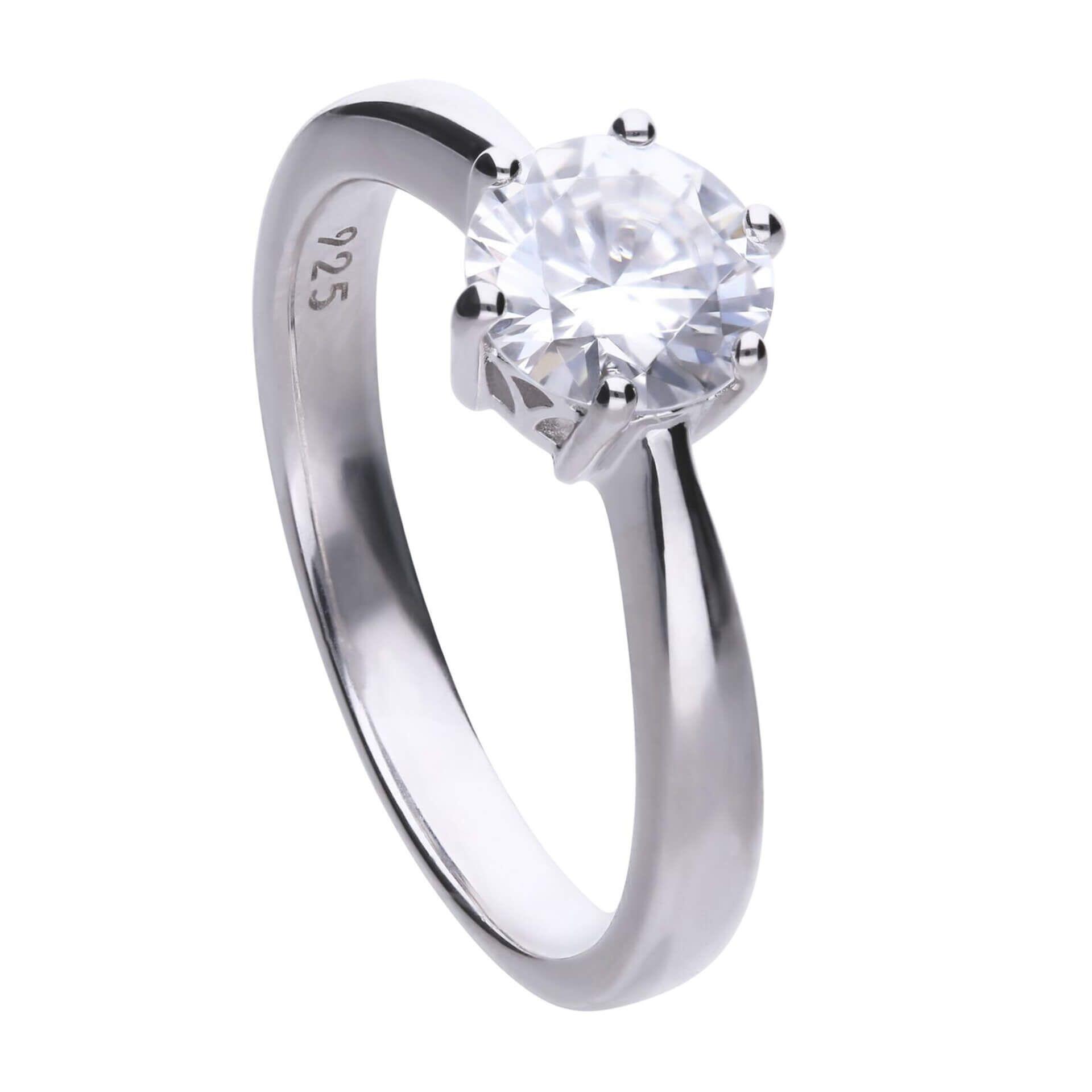 Diamonfire® 1.5ct Solitaire Ring with 6 Claw Setting in Sterling Silver, Platinum Plated Triple Finish, presented in exclusive Diamonfire® silk packaging with a luxury gift box and bag.