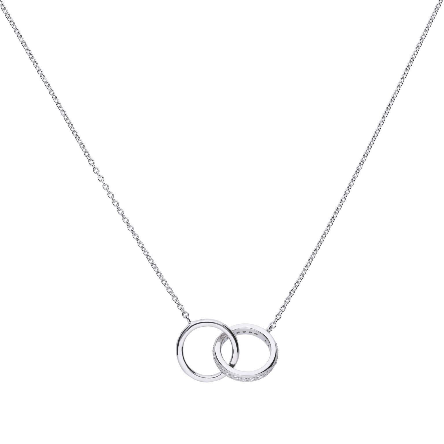 "0.61ct interlocking rings necklace featuring 57-facet Diamonfire® cubic zirconia stones set in triple plated sterling silver, presented in exclusive silk packaging with a gift bag."