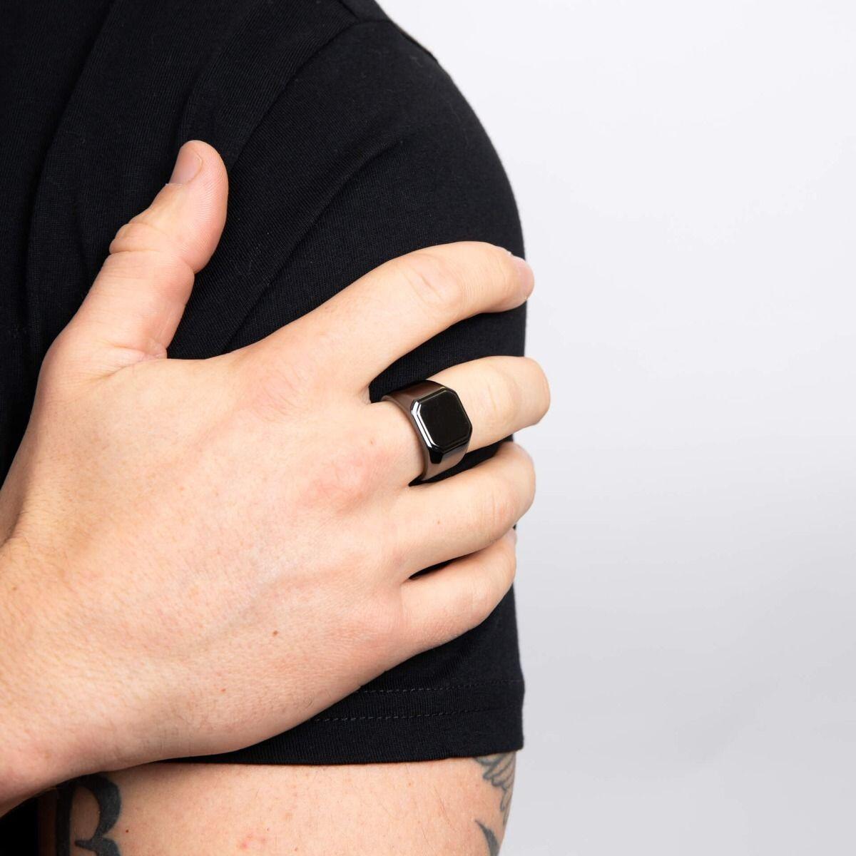 "Heavy recycled sterling silver square signet ring with durable gunmetal finish, engravable, and AnchorCert Pro certified skin safe by fredbennett®."