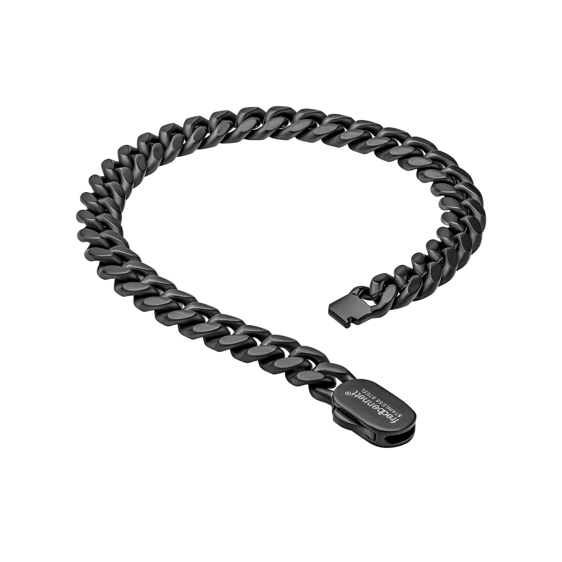 "8mm Black IP Plated Brushed Curb Chain Bracelet by fredbennett®, crafted from durable stainless steel with a bold black IP finish, AnchorCert Pro certified skin safe, presented in a branded premium suede wallet."