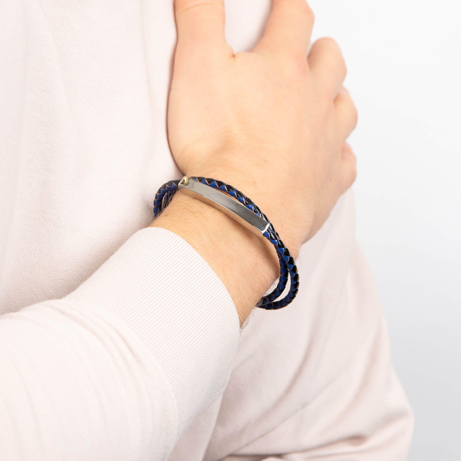 "fredbennett® Double Wrap Blue & Black Leather Bracelet – A stylish men’s bracelet crafted from braided blue and black leather, featuring an engravable stainless steel bar and secure clasp. Personalise it with free laser engraving. AnchorCert® certified and presented in luxury suede packaging from Gold and Diamonds."