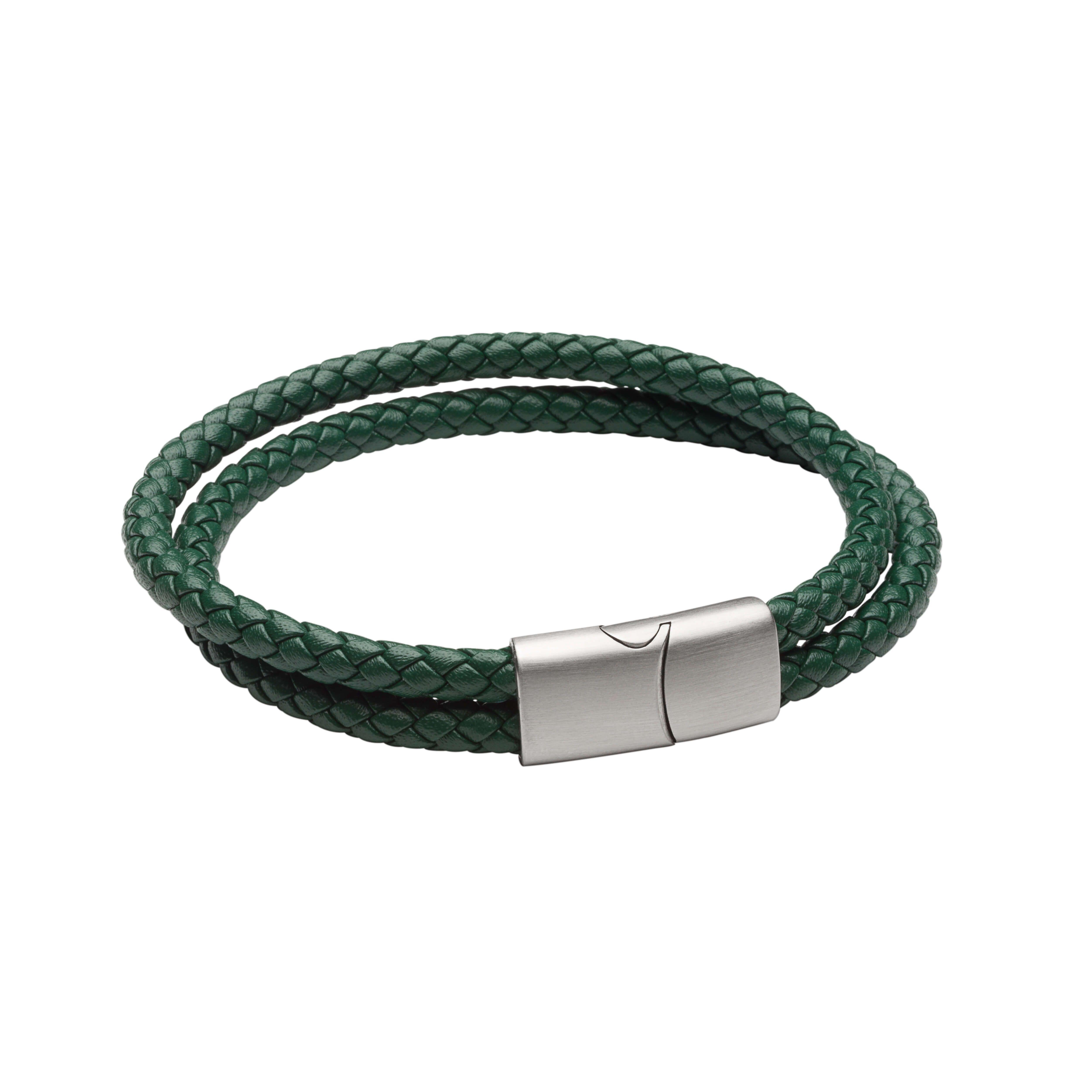 "fredbennett® Double Row Forest Green Recycled Leather Bracelet – A stylish and sustainable men’s bracelet crafted from forest green recycled leather, secured with a stainless steel magnetic clasp. Perfect for everyday wear. AnchorCert® certified and presented in luxury suede packaging from Gold and Diamonds."