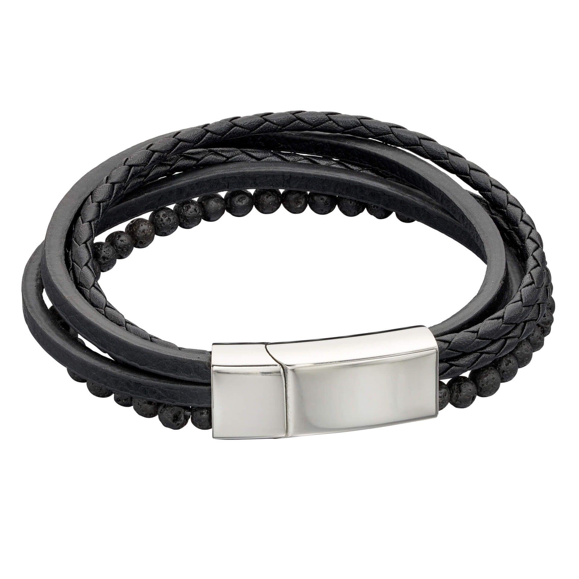 "fredbennett® Reborn Multi-Row Black Leather & Lava Bead Bracelet – A bold and sustainable men’s bracelet crafted from recycled black leather and natural lava beads, secured with a stainless steel magnetic clasp. Available in different lengths for the perfect fit. AnchorCert® certified and presented in luxury suede packaging from Gold and Diamonds."