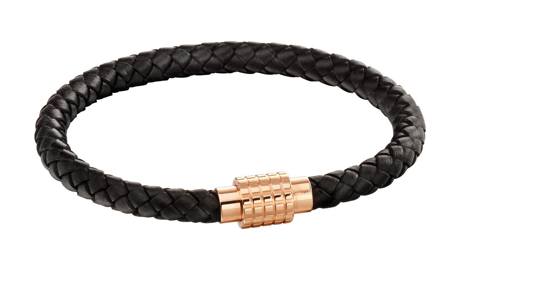 "fredbennett® Plaited Black Leather Bracelet – A stylish men’s bracelet crafted from genuine black plaited leather, featuring a rose gold IP stainless steel magnetic clasp. Perfect for everyday wear and stacking. AnchorCert® certified and presented in luxury suede packaging from Gold and Diamonds."