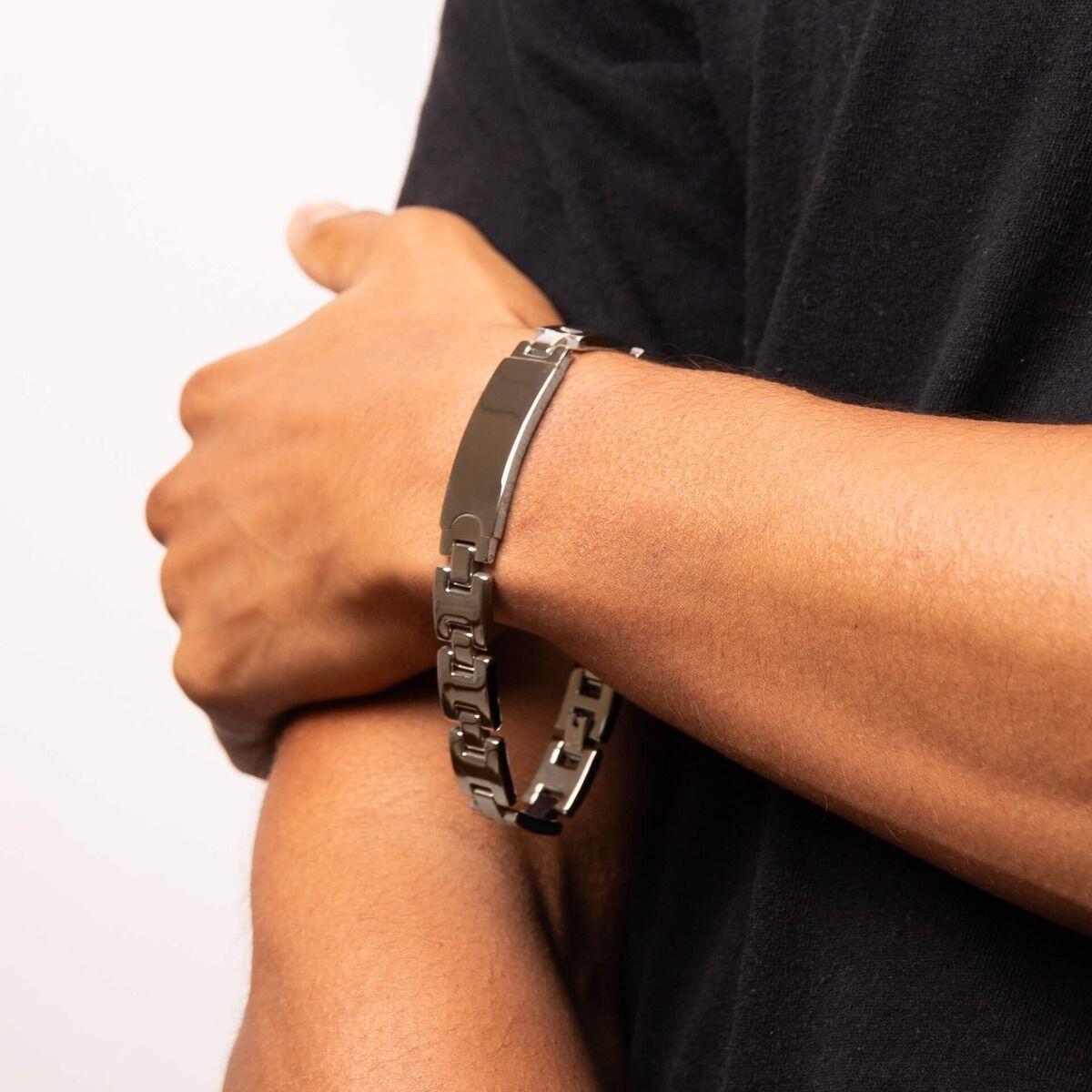 "fredbennett® Stainless Steel ID Bar Bracelet – A stylish and versatile men’s bracelet crafted from high-quality stainless steel, featuring an engravable ID bar for free custom engraving. AnchorCert® certified and presented in luxury suede packaging from Gold and Diamonds."