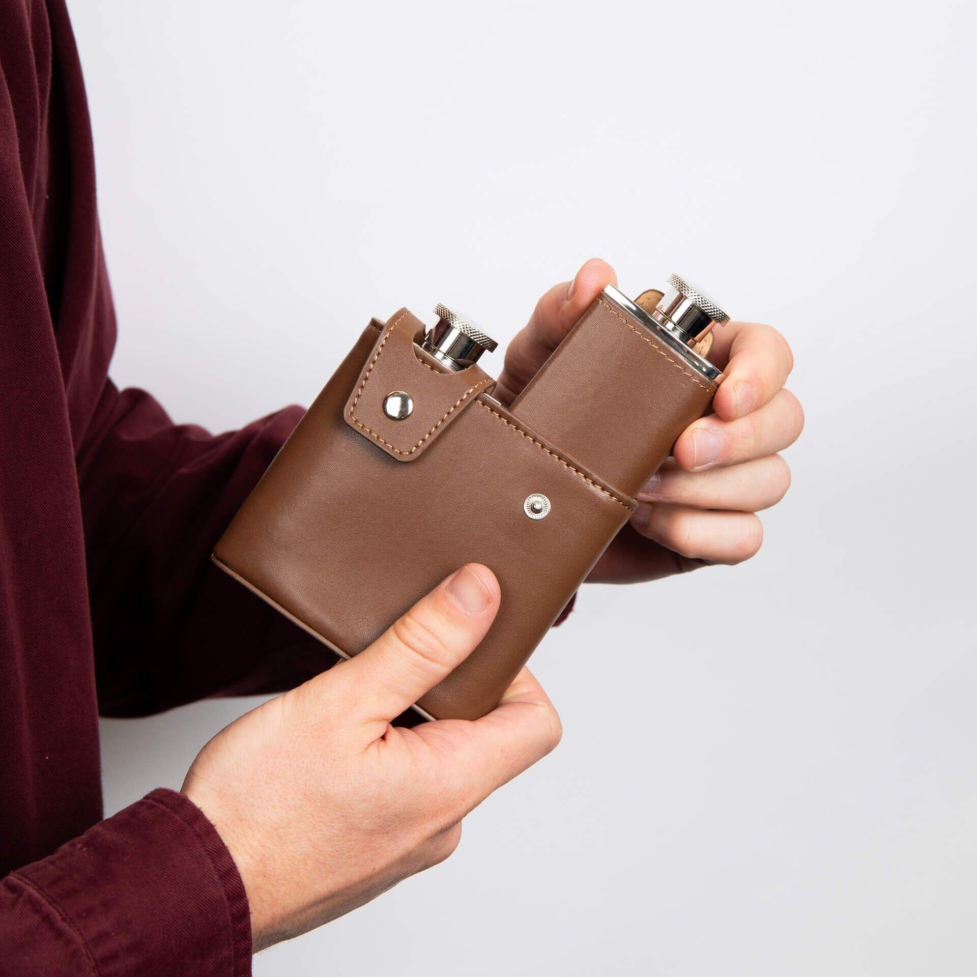 "fredbennett® Twin 3oz Brown Leather Hip Flasks in matching engraved case – perfect for sharing, adventuring, and personalising. A rugged yet refined gift for Father’s Day, birthdays, or groomsmen. Available at Gold and Diamonds."