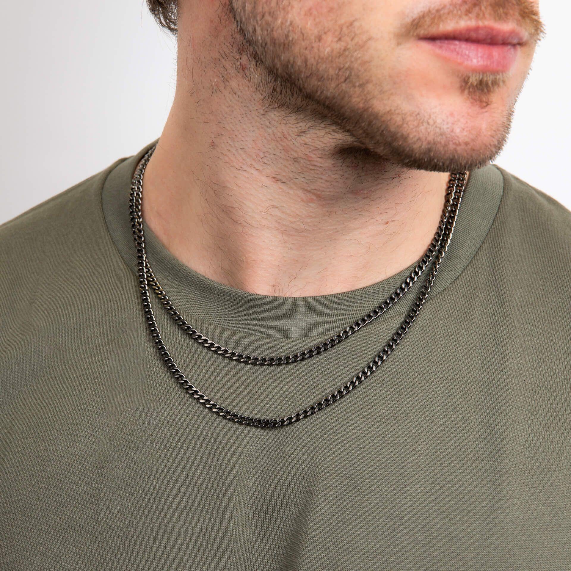 "fredbennett® Gunmetal Plated Double Curb Chain Necklace – bold layered stainless steel necklace with deep gunmetal finish. Hypoallergenic and presented in a suede pouch from Gold and Diamonds."
