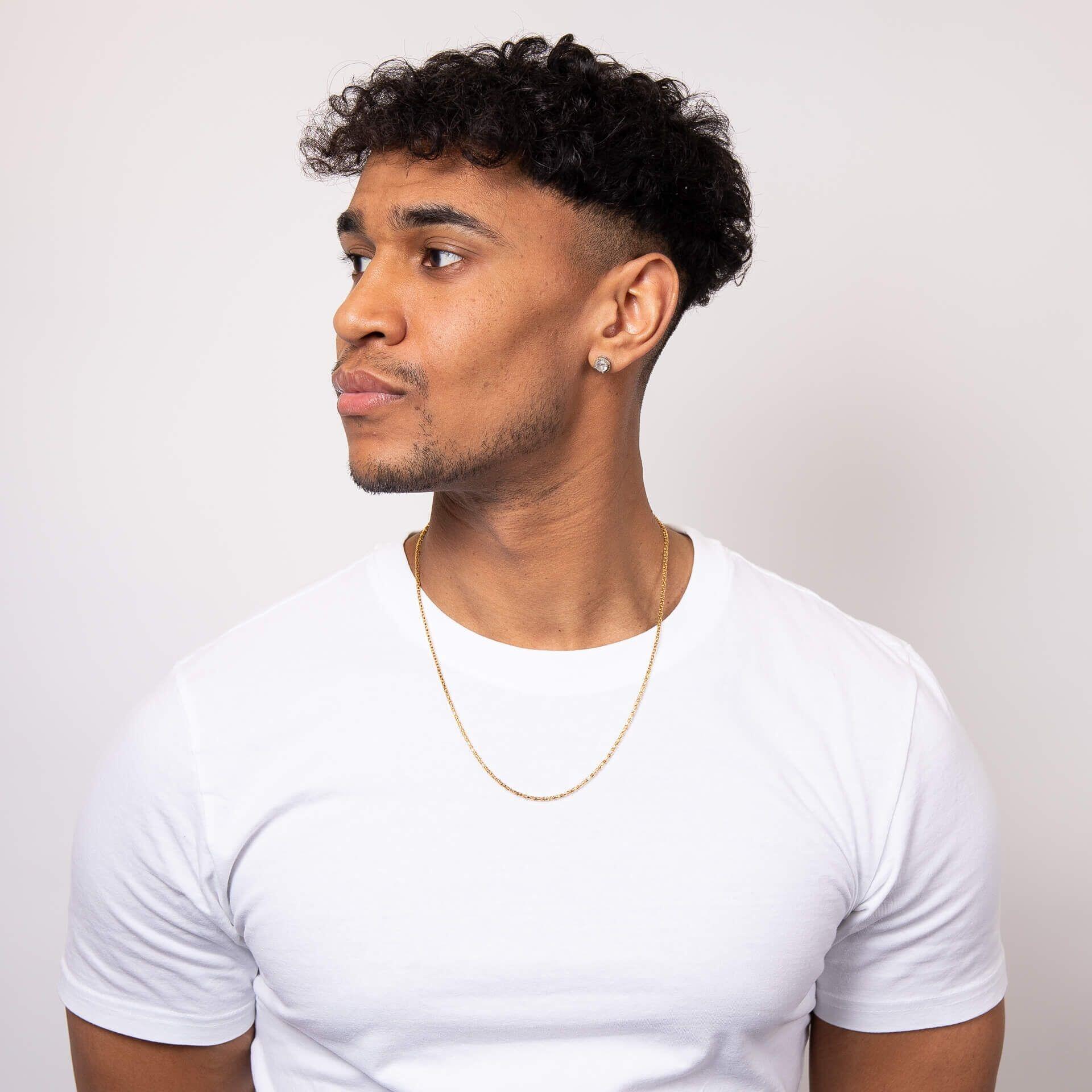 "fredbennett® 14ct Yellow Gold Plated Stainless Steel Popcorn Chain Necklace – skin-safe symbolic men’s chain with interlocking links, presented in a suede pouch. Available at Gold and Diamonds."