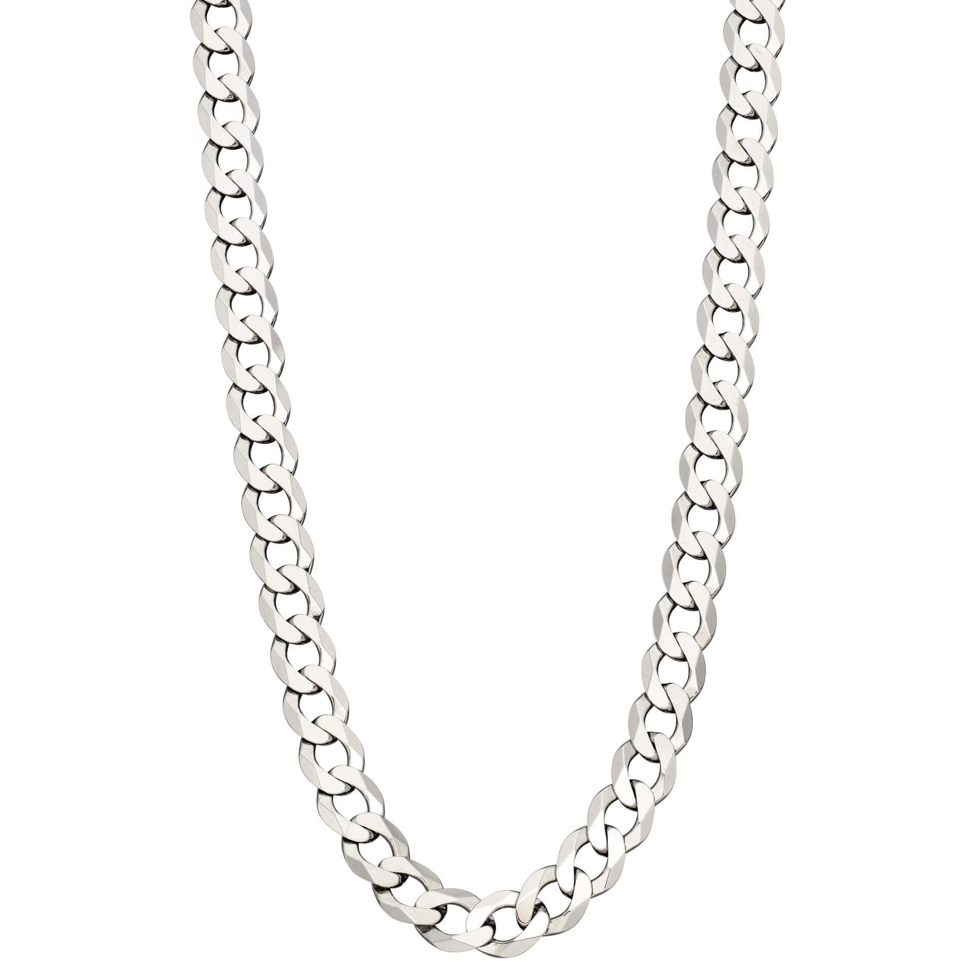 "fredbennett® Heavyweight Sterling Silver Diamond Cut Curb Chain Necklace – 56cm platinum plated statement men’s chain, skin-safe and presented in a suede pouch from Gold and Diamonds."