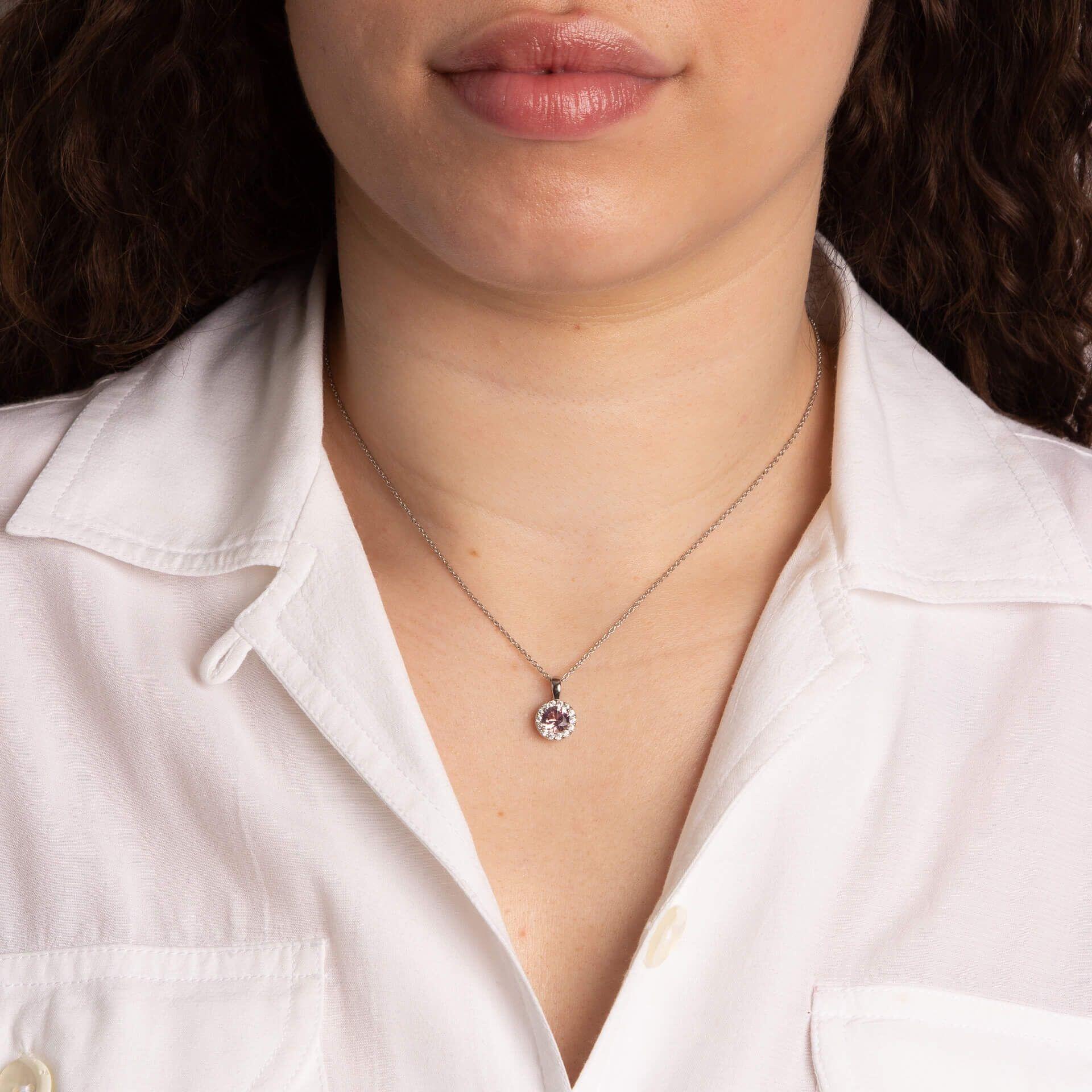 "Diamonfire® 1.21ct Pastel Pink Pavé Set Pendant in triple plated sterling silver with 57-facet zirconia, AnchorCert Pro certified skin safe, presented in luxury silk packaging with gift bag—ideal for weddings."