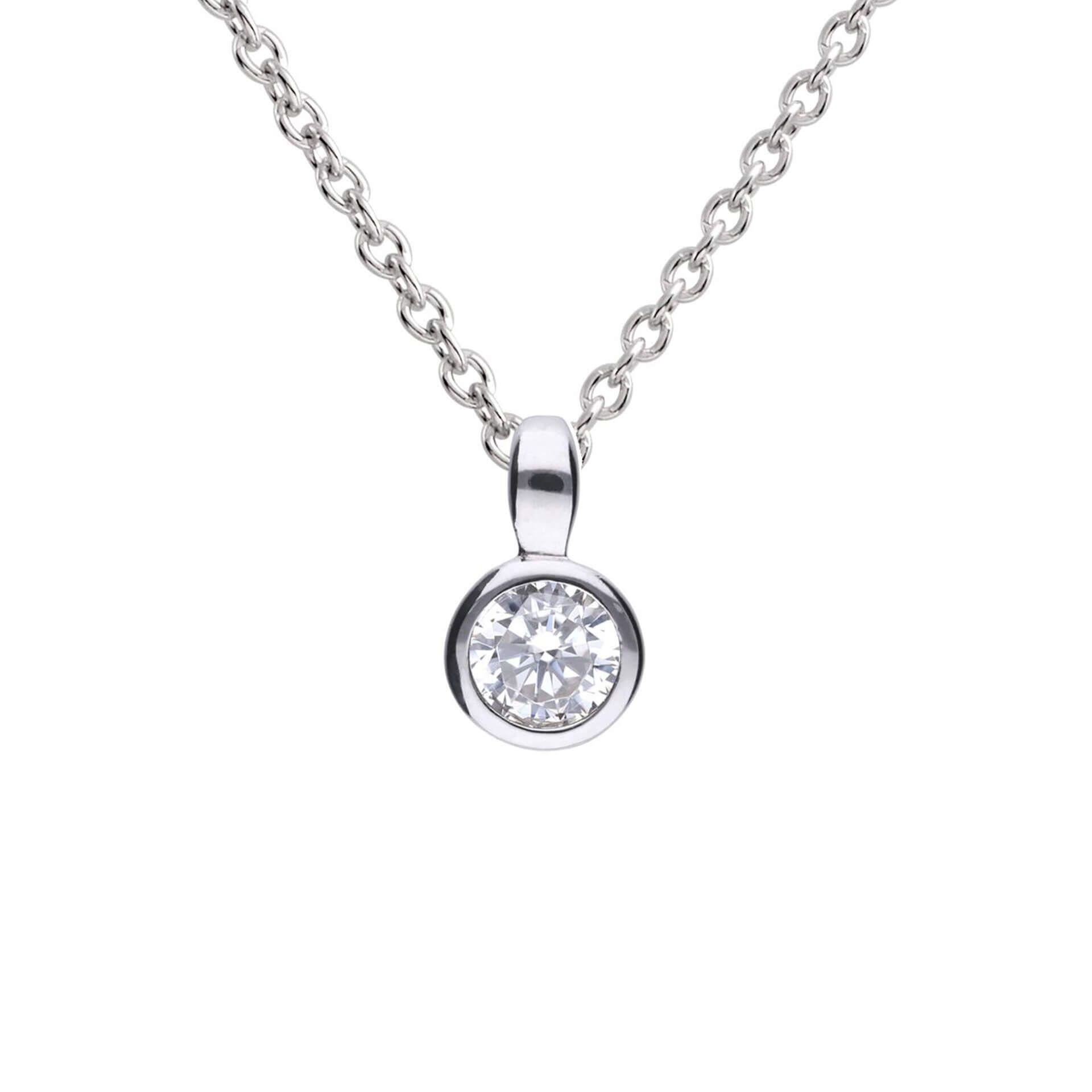 "Diamonfire® Bezel Set Round Zirconia Pendant in sterling silver, available in 0.25ct to 2.00ct, with 57-facet cut stone, triple plated and AnchorCert Pro certified skin safe, presented in luxury silk packaging—ideal for weddings and special occasions."
