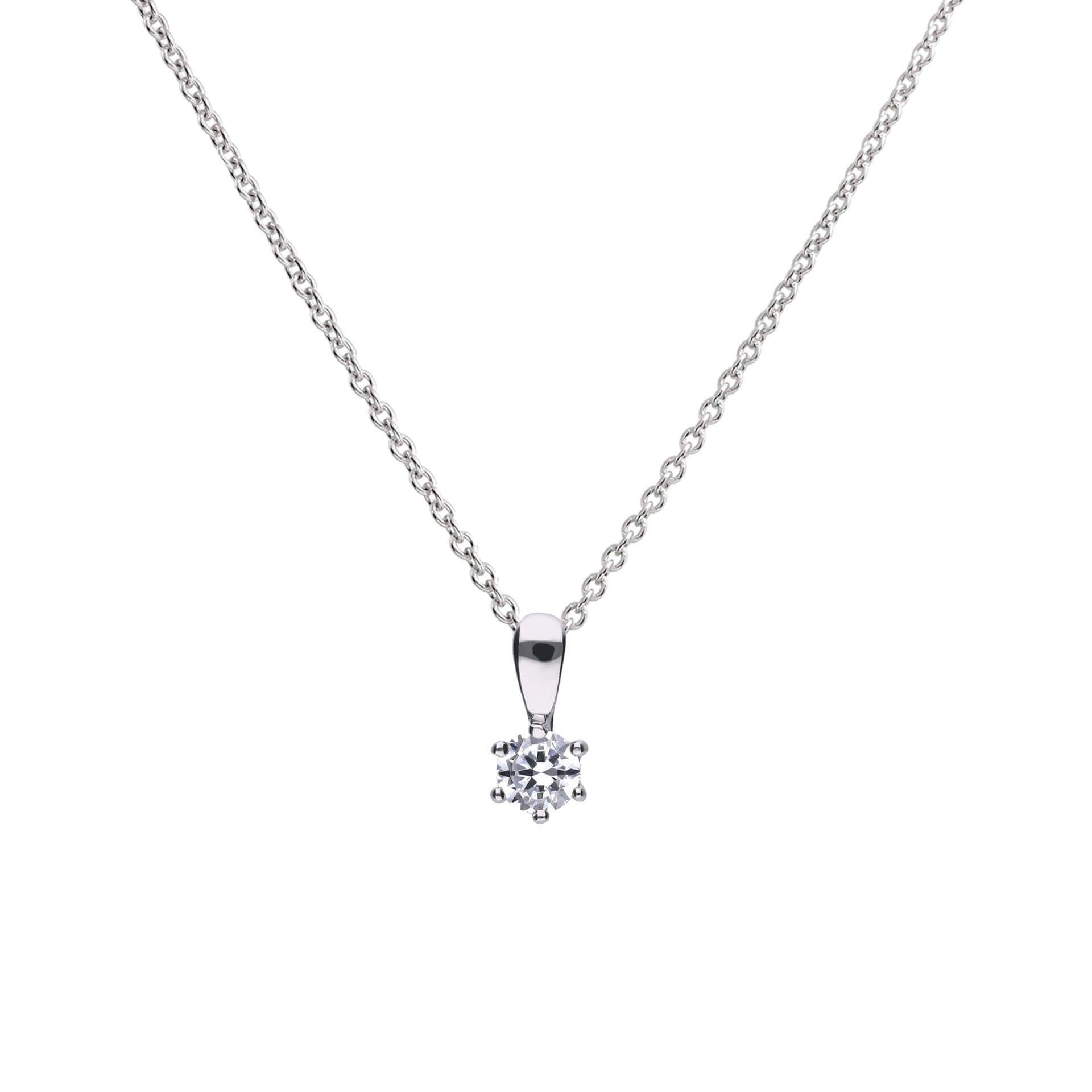 "Diamonfire® Six Claw Solitaire Pendant with 57-facet zirconia stone, available in 0.25ct to 2.00ct, crafted in triple plated sterling silver, AnchorCert Pro certified skin safe, presented in luxury silk packaging with gift bag—ideal for weddings and elegant gifting."