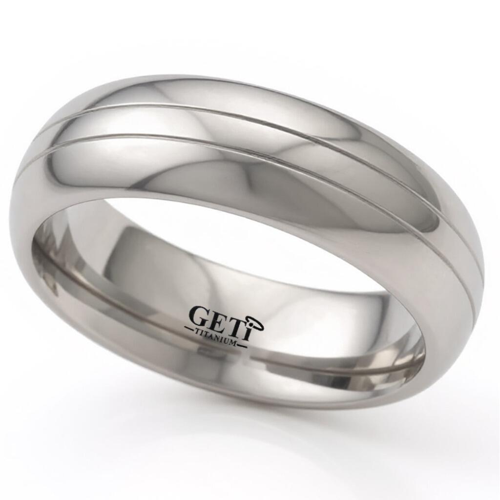 Polished court profile Geti titanium wedding band with two central grooves by Gold and Diamonds