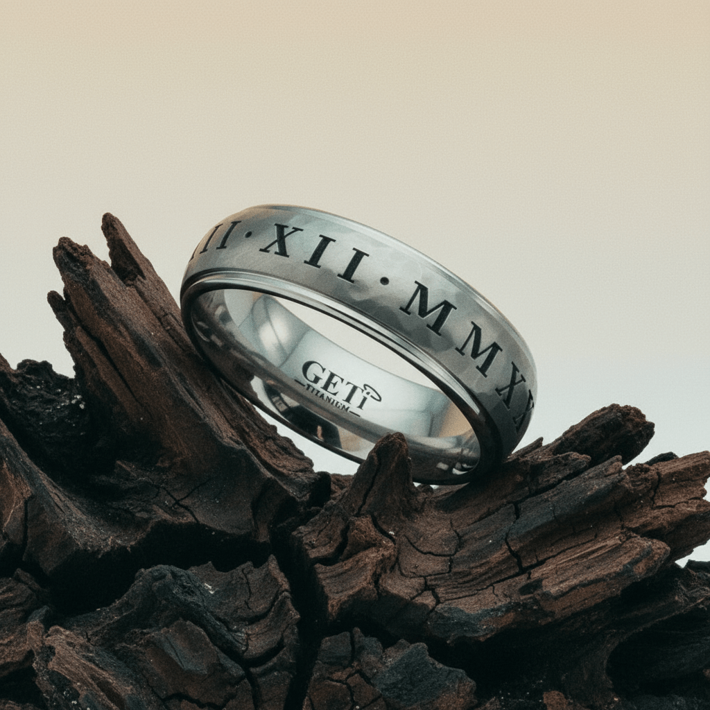 Geti titanium wedding band with hammered centre and Roman numeral engraving by Gold and Diamonds