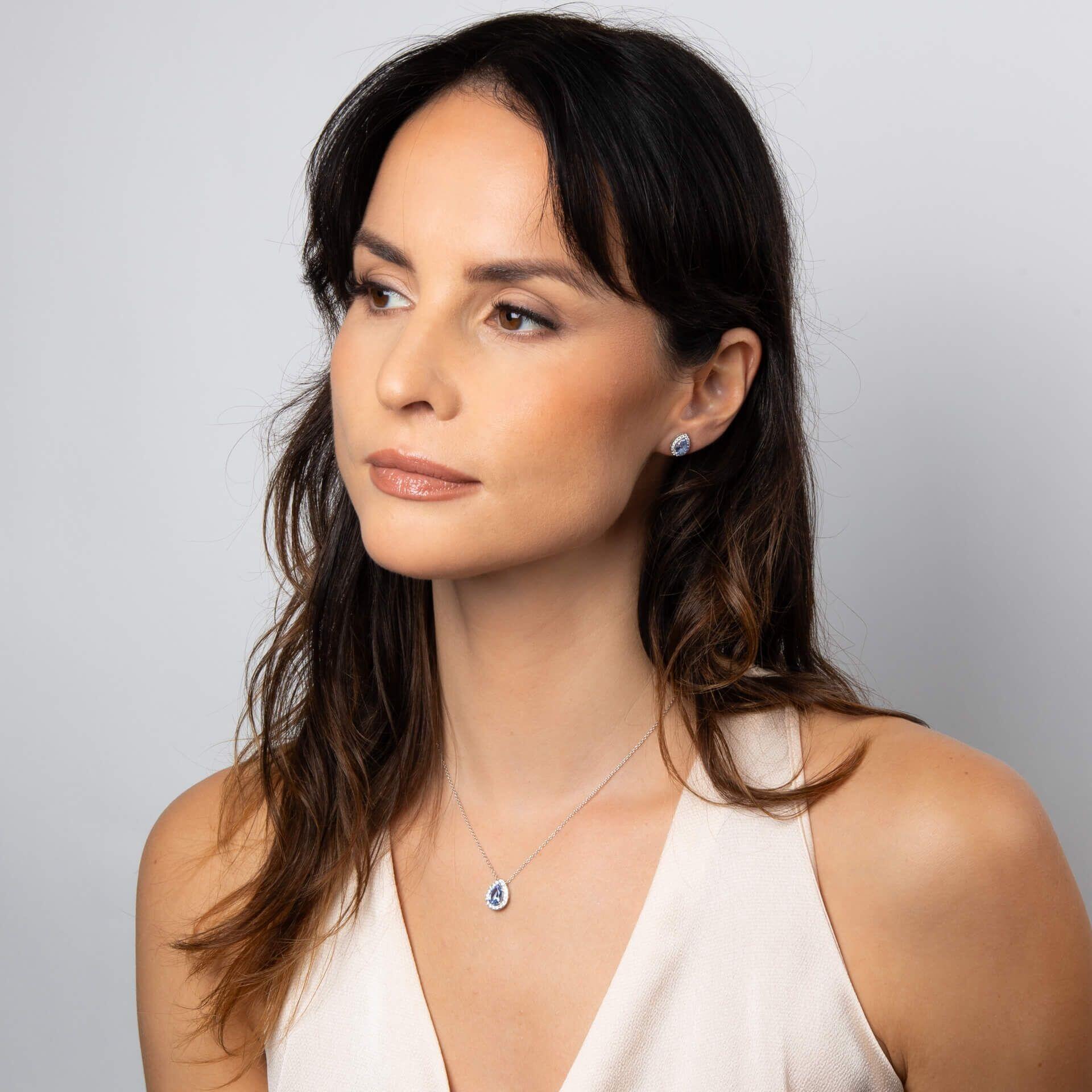 Diamonfire® Aquamarine Blue Pear-Cut Halo Zirconia Pendant in Triple Plated Sterling Silver with 57-Facet Stones – Luxury Jewellery by Gold and Diamonds