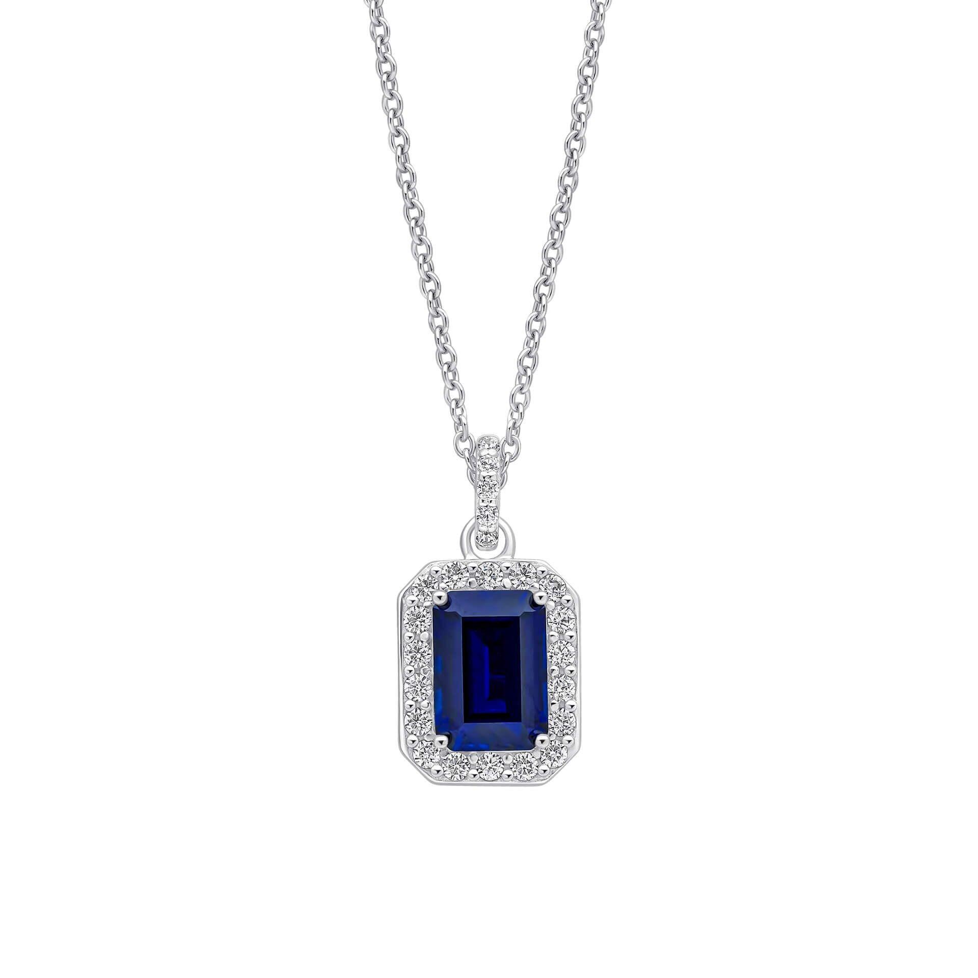 Diamonfire® Sapphire Blue Emerald-Cut Halo Zirconia Pendant in Triple Plated Sterling Silver, Adjustable 42–48cm – Luxury Jewellery by Gold and Diamonds