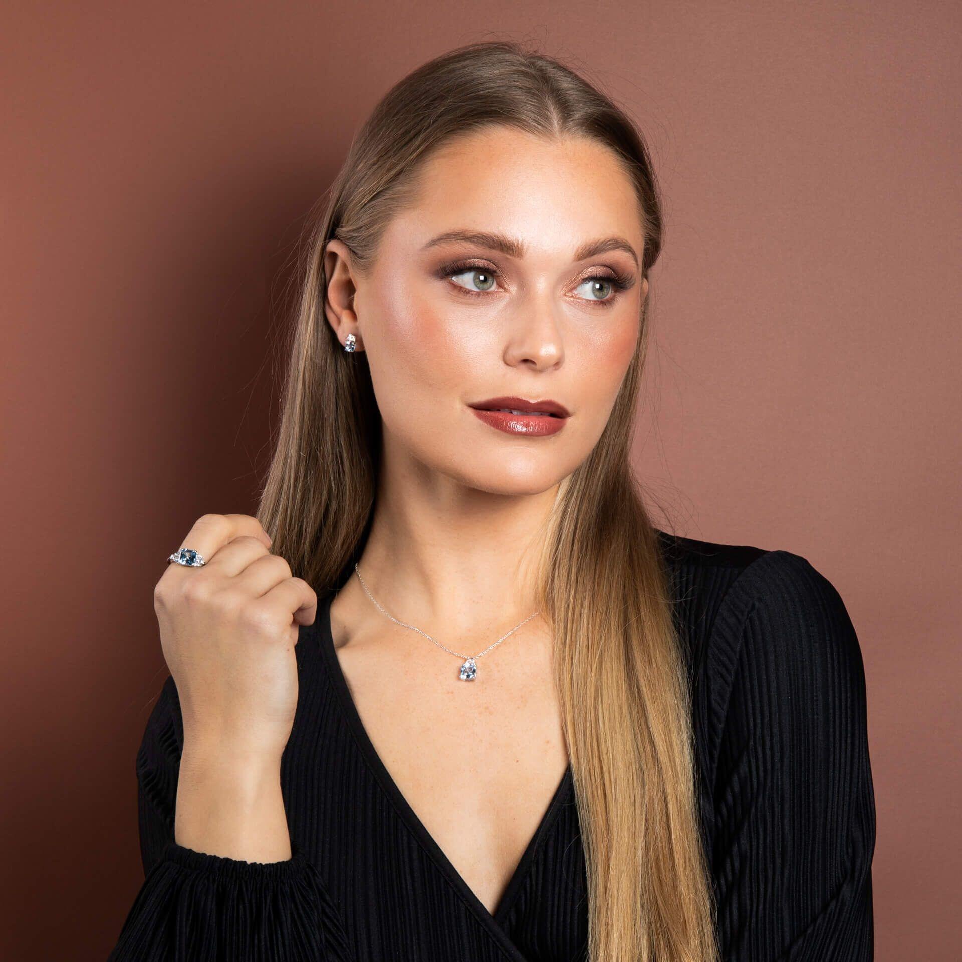 Diamonfire® Sapphire Blue Square-Cut Zirconia Jewellery Set Featuring Earrings and Pendant in Triple Plated Sterling Silver – Elegant Bridal Jewellery by Gold and Diamonds