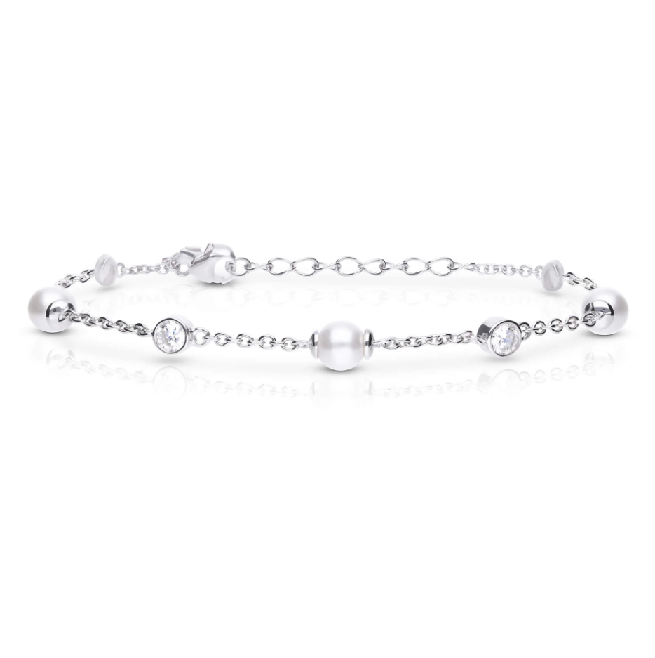 Diamonfire® Alternating Shell Pearl and Zirconia Station Bracelet in Triple Plated Sterling Silver, 17–20cm Adjustable – Elegant Bridal Jewellery by Gold and Diamonds